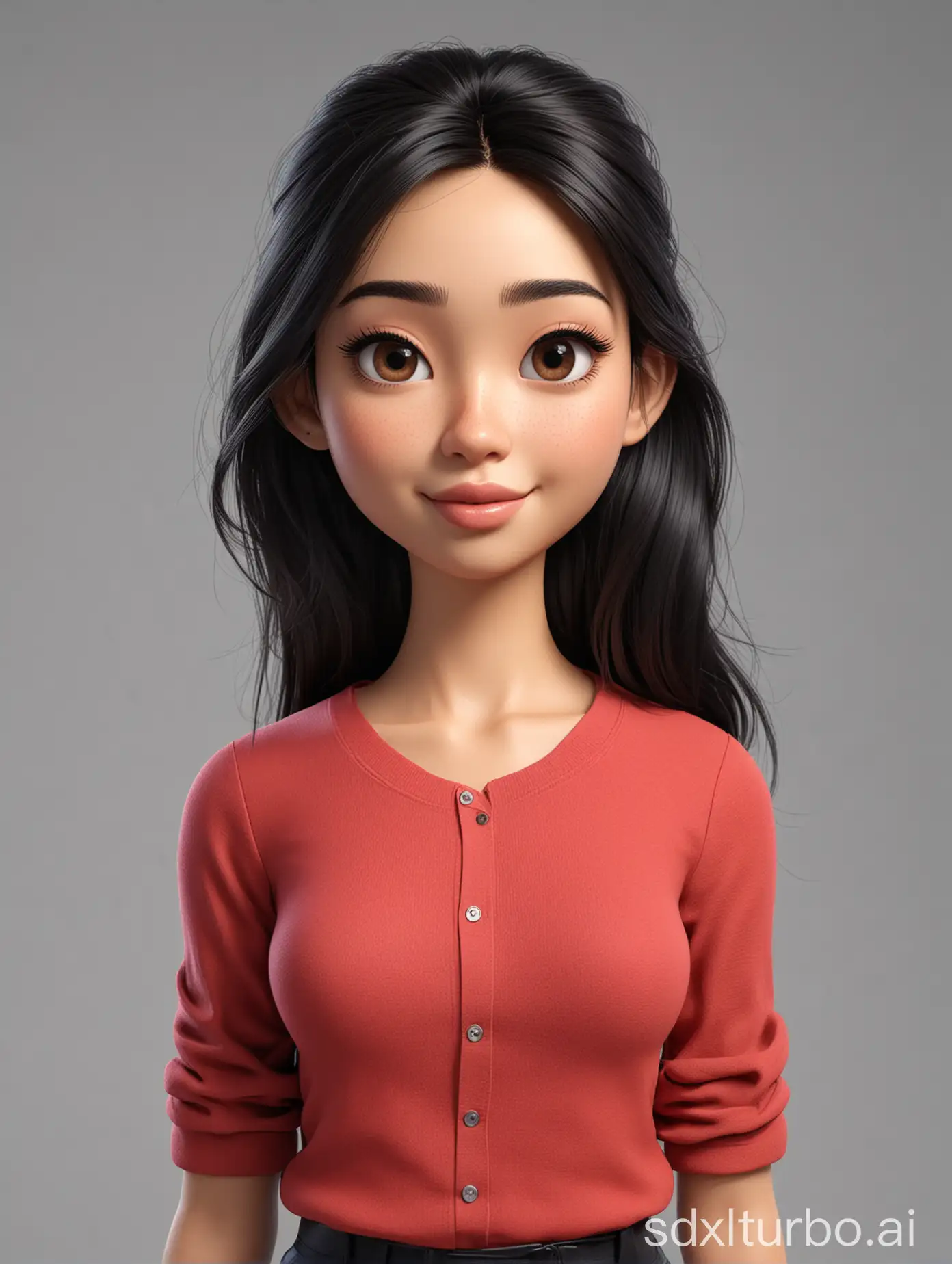 Create a 3D cartoon-style half body with a large head. A 25-year-old Indonesian woman. Ideal height, oval face. Attractive, almond-shaped eyes, slightly rounded nose, white clean skin, thin gentle smile. Long black wavy hair, thin ponytail with shaggy layers. Wearing a light red shirt. Clear body position, hands in a clasping pose. White solid background. Use soft photography lighting, hair lighting, top lighting, side lighting. Medium shot, high quality photo, Uhd, 16k