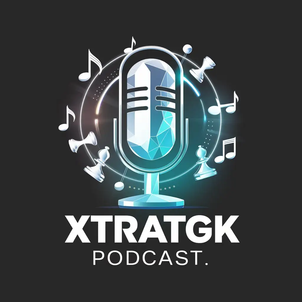 a logo design,with the text "XTRATGK PODCAST", main symbol:CREATE A TECHNOLOGIC AND FUTURISTIC DETAILED LOGO OF A PODCAST CALLED XTRATGK PODCAST WITH A MICROPHONE ON THE LOGO, MUSIC NOTES AND CHESS PIECES,Moderate,be used in Technology industry,clear background