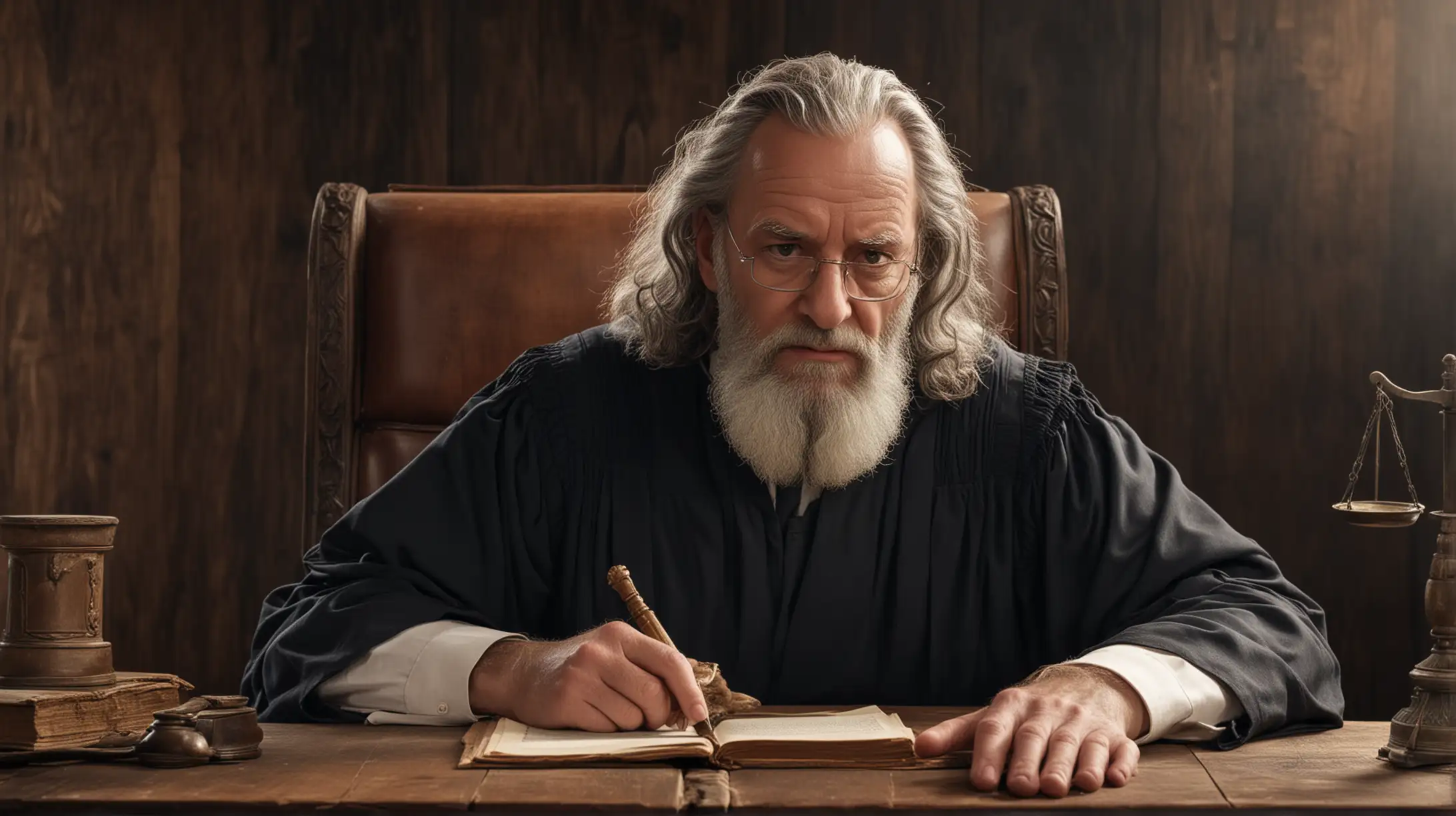Biblical Moses Era Serious Male Judge at Old Wooden Desk