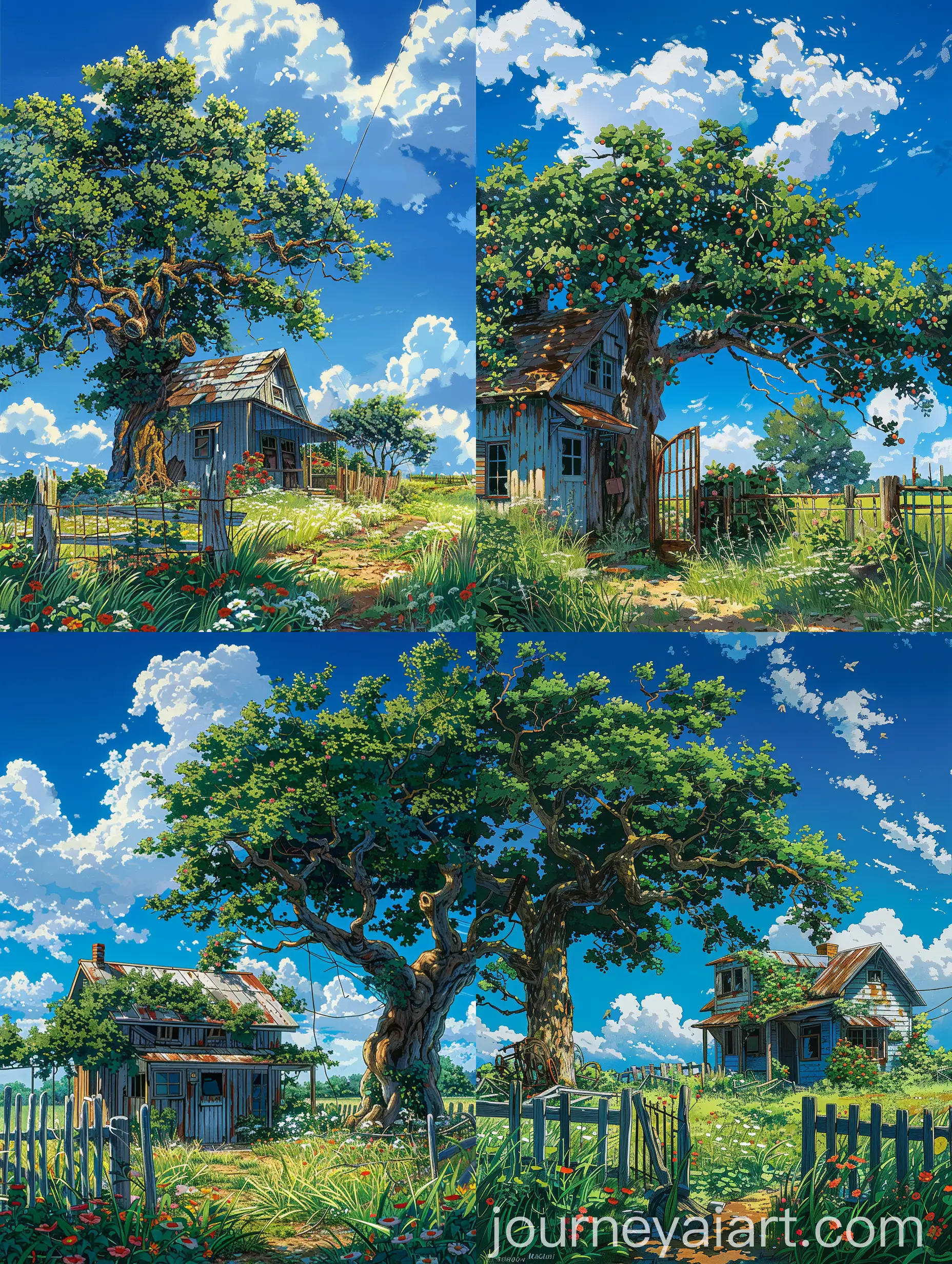 Abandoned-House-Overgrown-with-Nature-under-a-Blue-Sky-Makoto-Shinkai-and-Studio-Ghibli-Inspired-Anime-Art