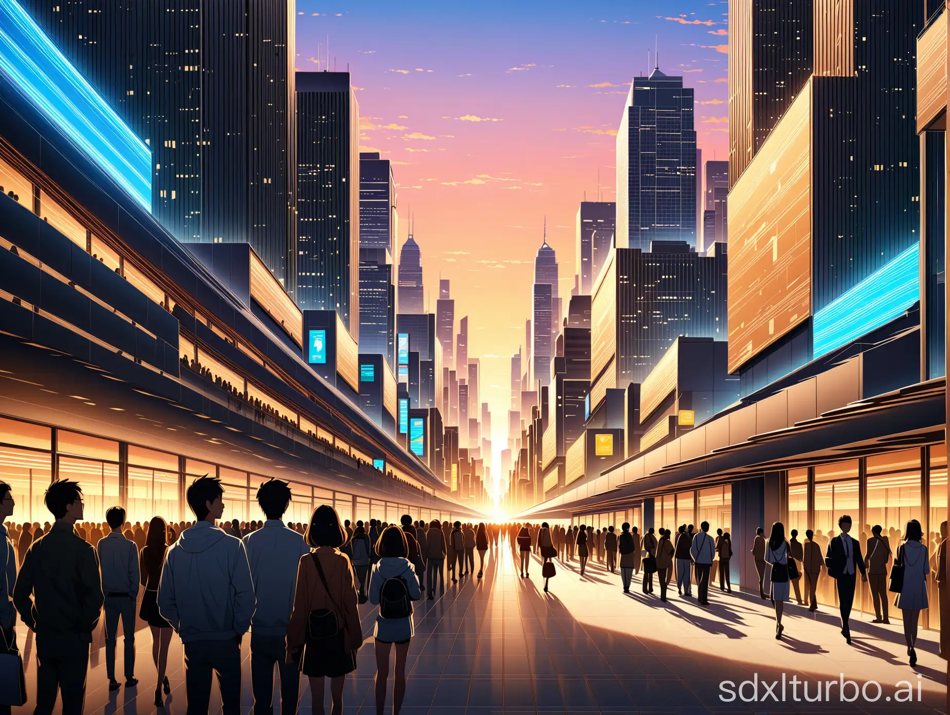 Anime style, multiple people, multiple people queuing up, modern city, city, architecture,(masterpiece:1.2),best quality,masterpiece,highres,original,extremely detailed wallpaper,perfect lighting,(extremely detailed CG:1.2),