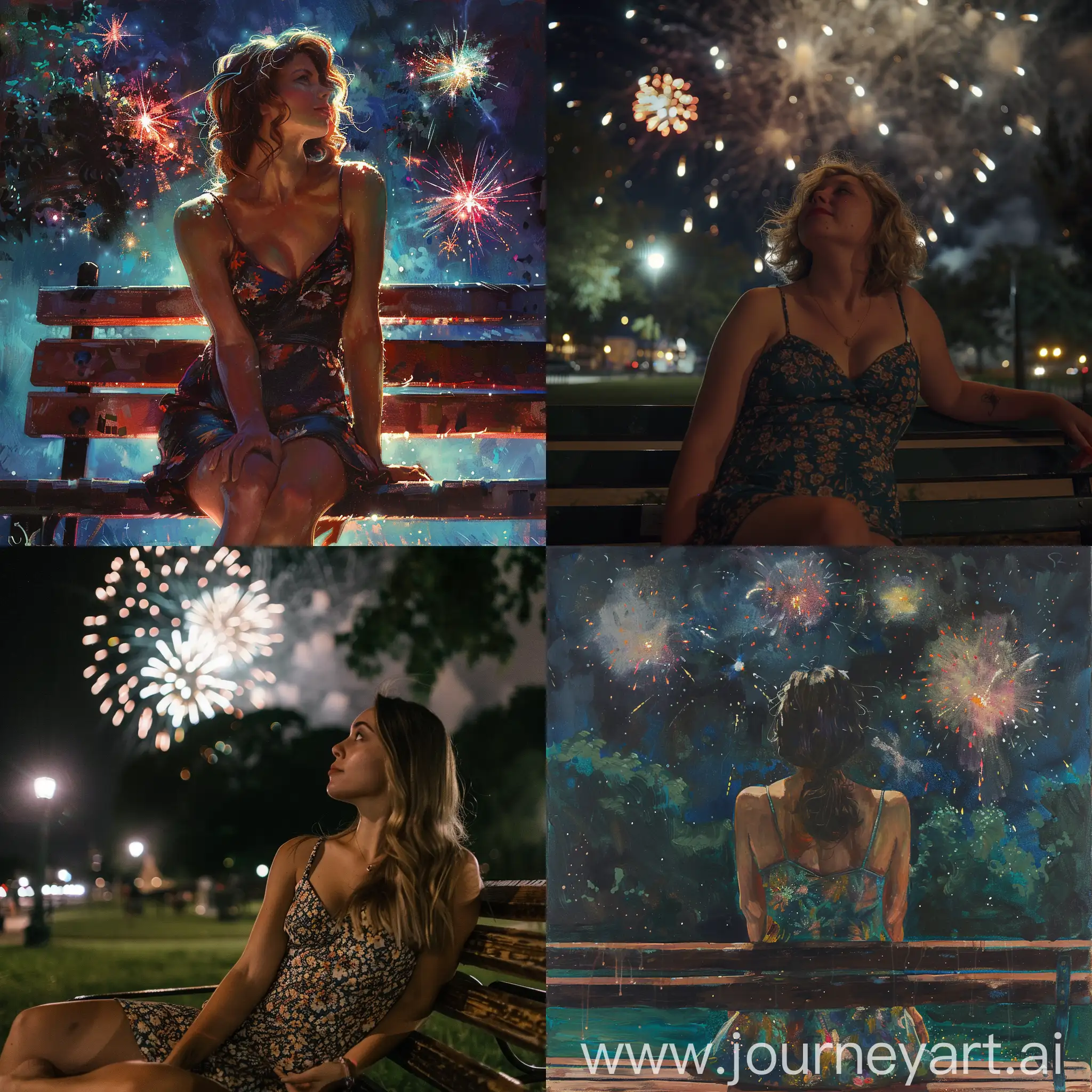 Woman-in-Sundress-Watching-Nighttime-Fireworks-on-Park-Bench