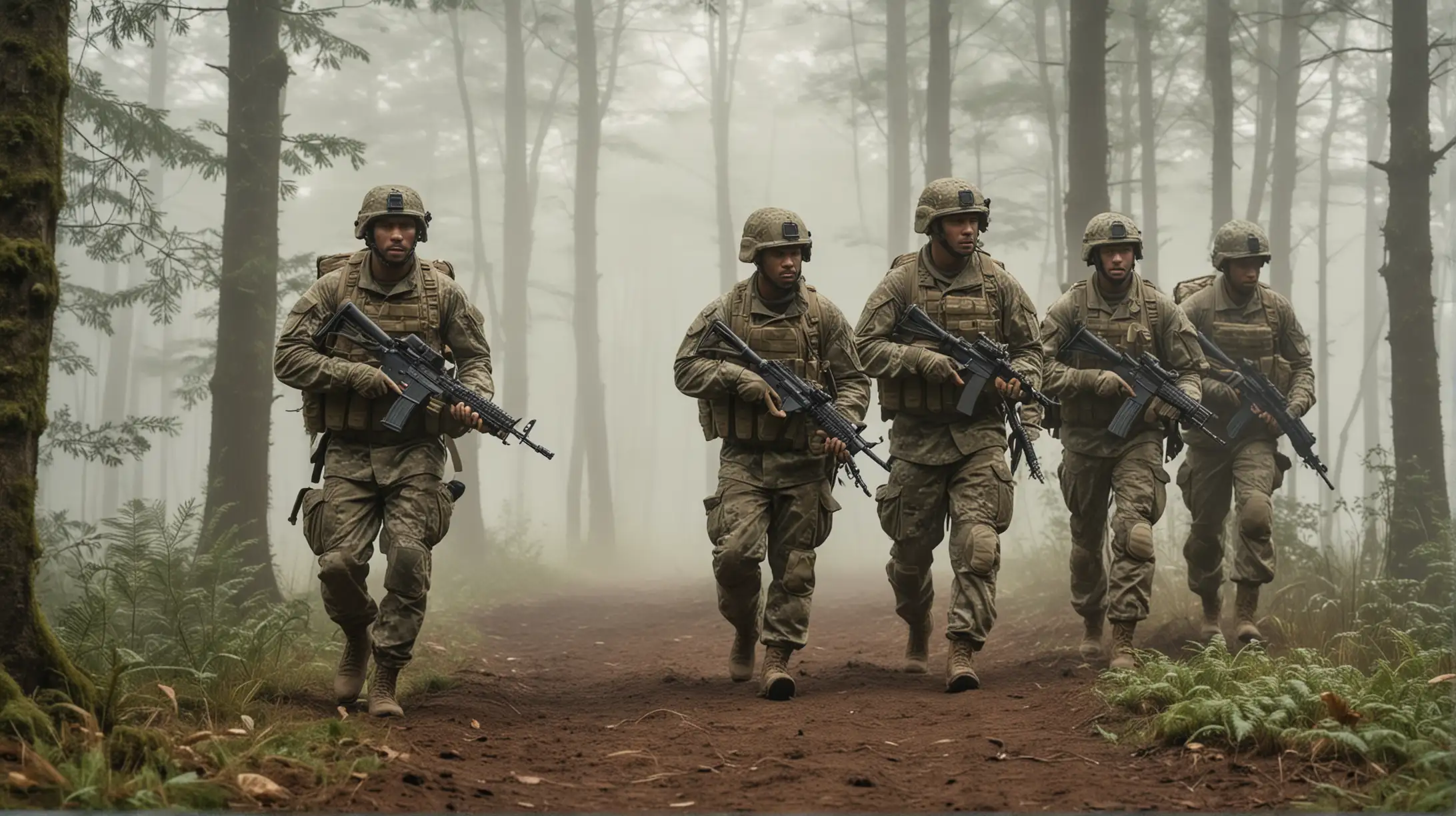 Five different and diverse modern army soldiers marching, wearing multicam and helmets, carrying small arms, surrounded by trees in very foggy forest at daytime