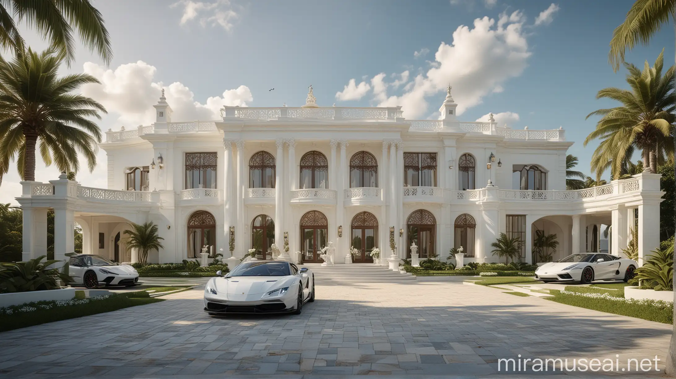 Luxury Modern Mansion by the Serene Ocean with Ornate Gate and Supercars