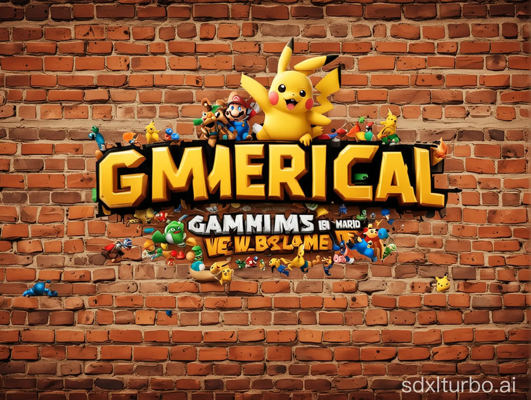 Produce a banner for the HTML5 gaming website, Gamerical, featuring popular characters like Super Mario, Pikachu, and Pacman. Craft an engaging scene where these iconic figures interact within a vibrant gaming environment, highlighting the diverse array of games available on the platform. Ensure the text reads 'Gamerical' without any variations to maintain consistency across all generated banners.