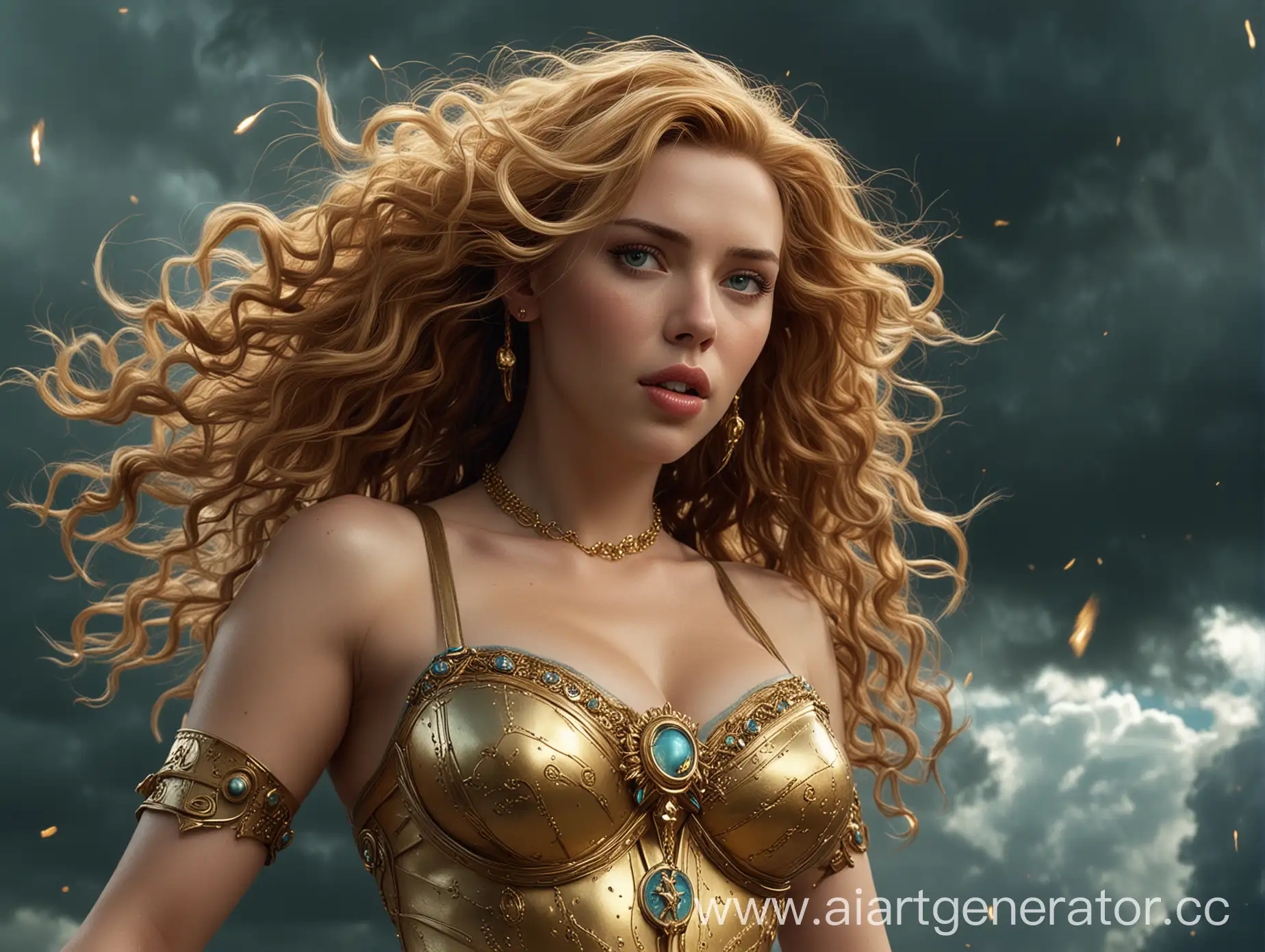 Scarlett Johansson with fair white skin, has a magnificent G-cup figure, a beautiful perfect face, an hourglass figure, long curly turquoise hair, blue eyes, completely dressed in gold and gold accessories, as well as the symbol of Neptune. She soars in the sky against a background of golden lightning and dark clouds, depicted with high detail and realism using photorealistic digital painting. The image is cinematic, stunning, hyper-realistic, with clear focus and a high resolution of 8k, showing an incredible level of detail.