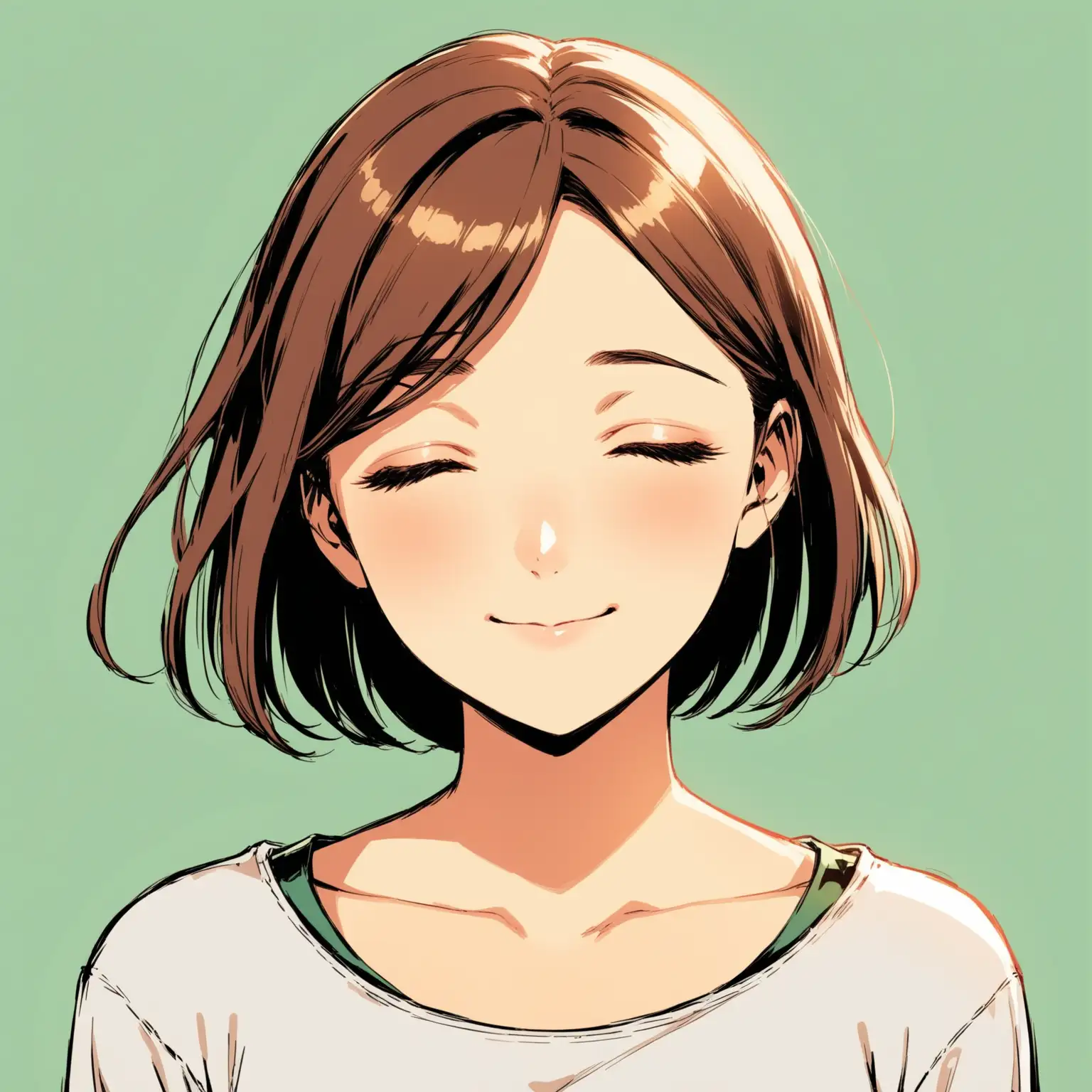 Comic book style:  From the top of her head to just below her bust we see  a beautiful girl in her twenties with a closed mouth smile on her face and her eyes closed.   She's serene  Simple background.  