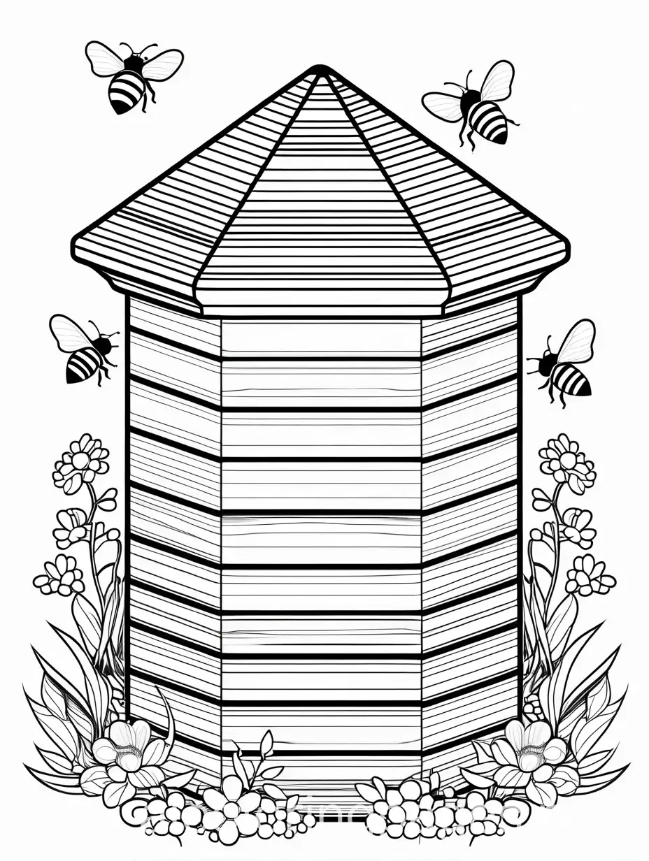 cute bee hive box with honey, Coloring Page, black and white, line art, white background, Simplicity, Ample White Space. The background of the coloring page is plain white to make it easy for young children to color within the lines. The outlines of all the subjects are easy to distinguish, making it simple for kids to color without too much difficulty