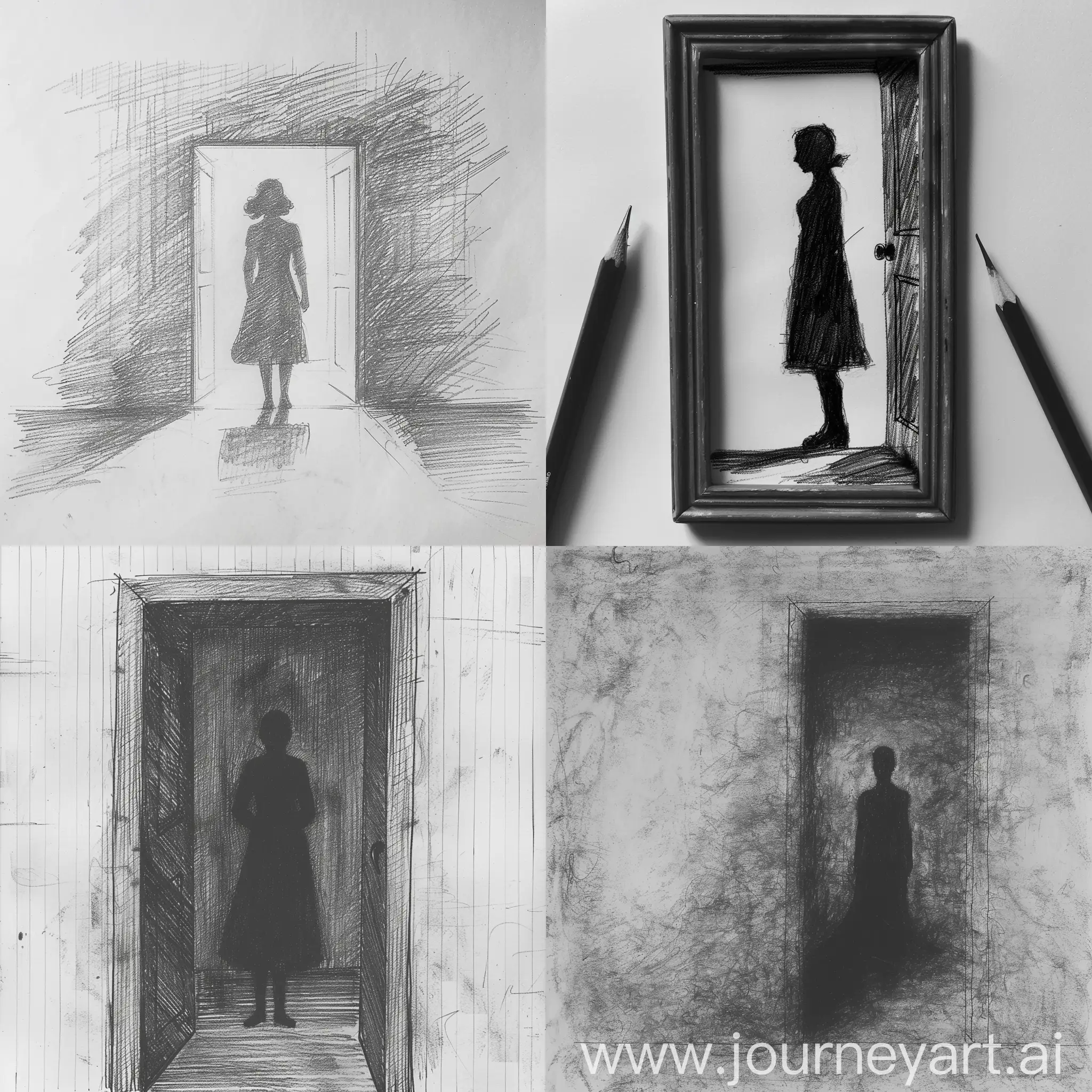 a pencil diagram of the silhouette of a woman stood in a door frame, creepy
