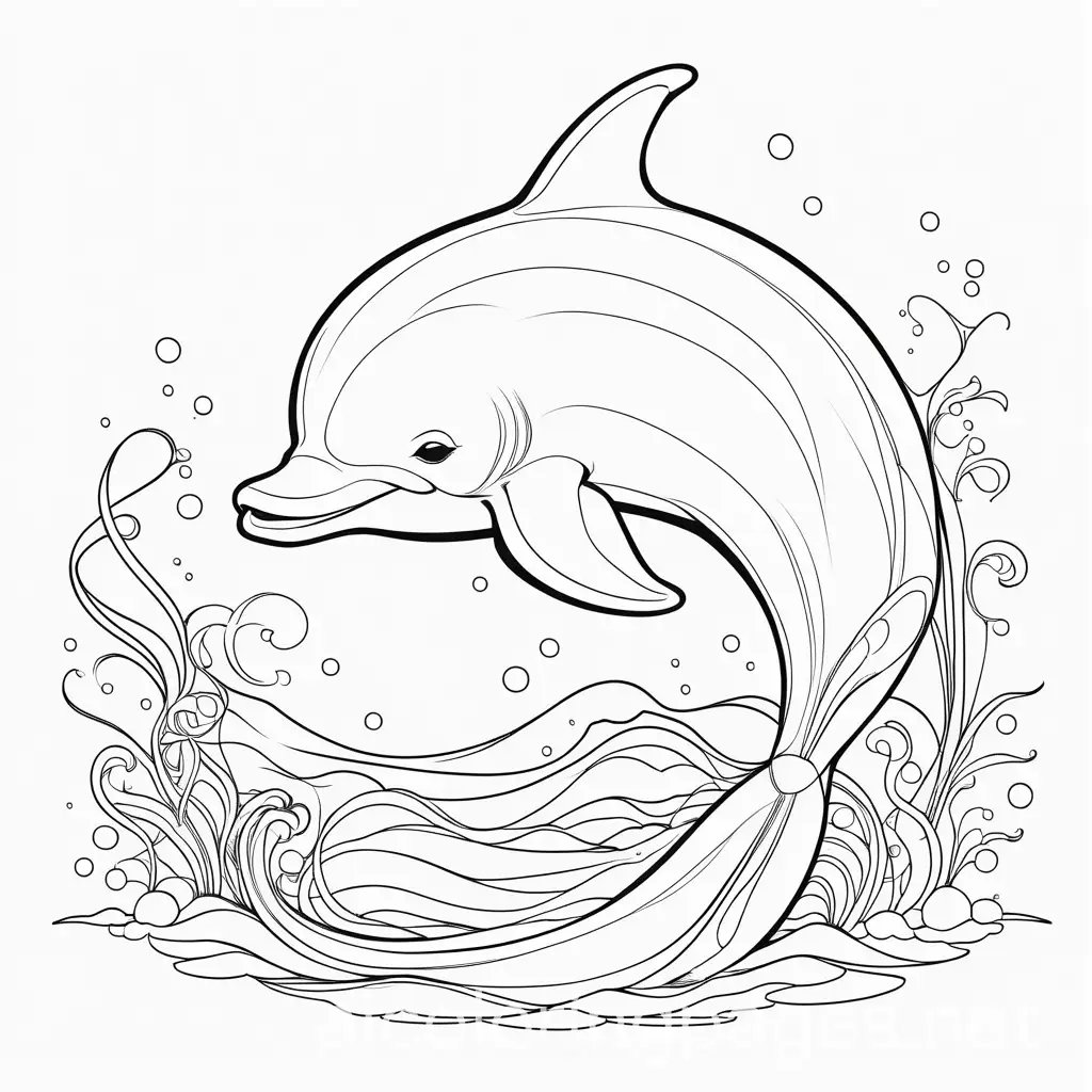 baby dolphine, Coloring Page, black and white, line art, white background, Simplicity, Ample White Space
