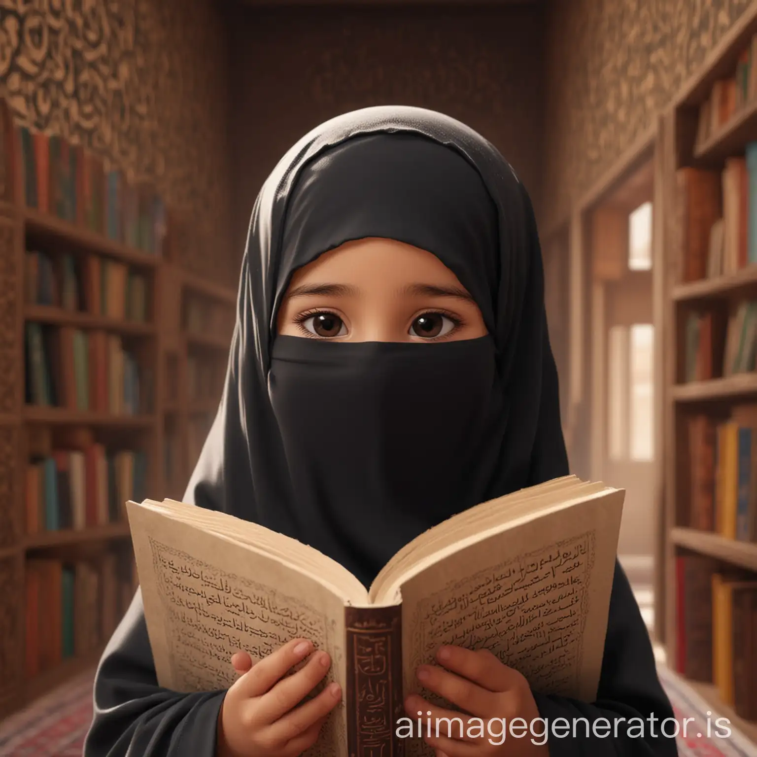 animation of a small child wearing a niqab and a face covering in a closed room showing happiness and Islamic references with a book background