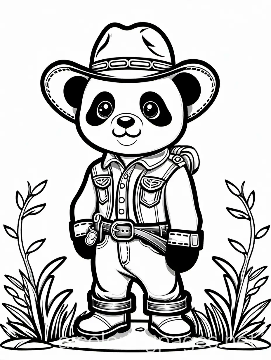 cute panda in cowboy dress, Coloring Page, black and white, line art, white background, Simplicity, Ample White Space. The background of the coloring page is plain white to make it easy for young children to color within the lines. The outlines of all the subjects are easy to distinguish, making it simple for kids to color without too much difficulty