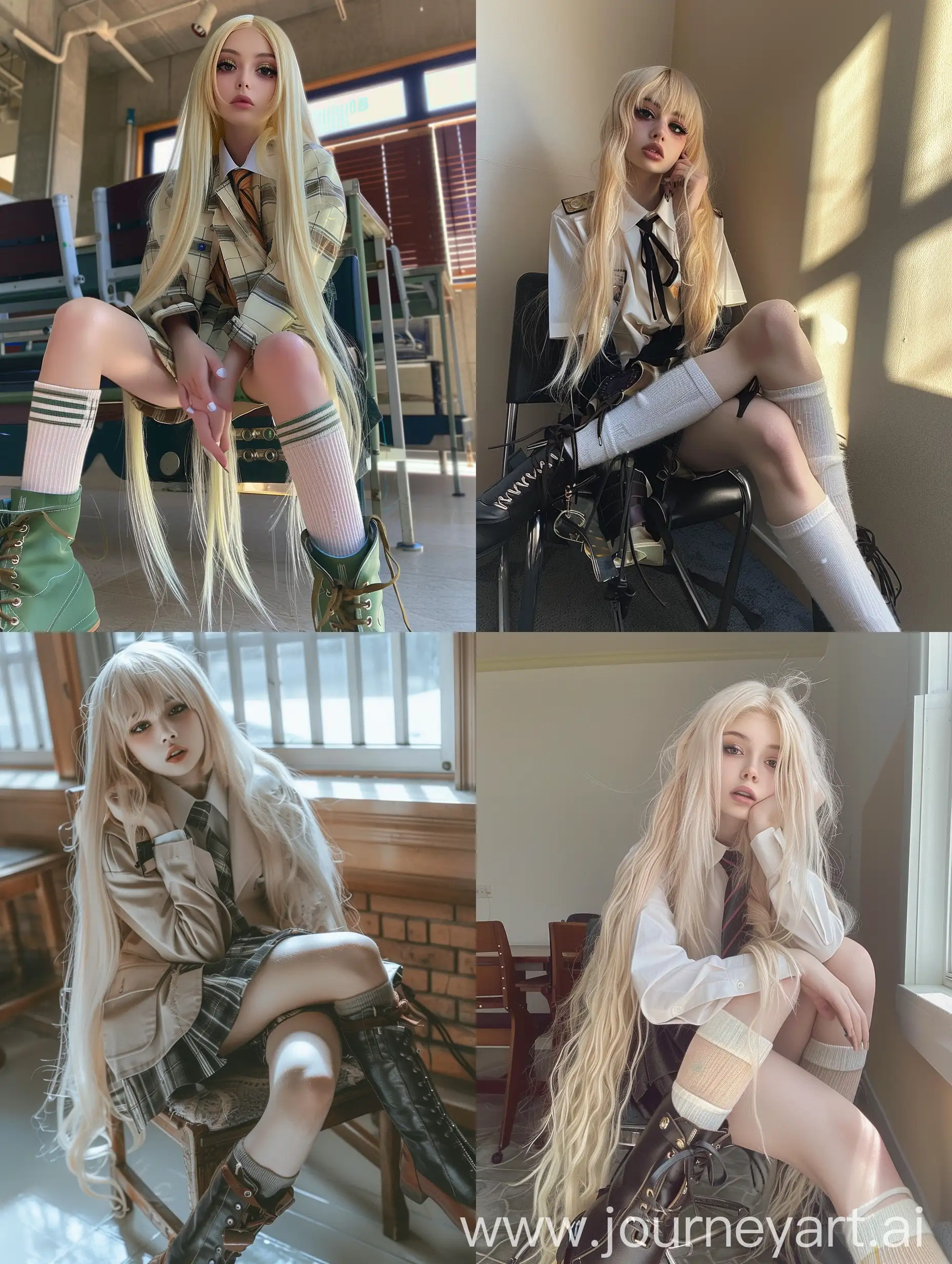 1 girl, long blond hair ,18 years old ,influencer , beauty, in the school , school uniform , makeup , sitting on chair , socks and boots , no effect , selfie , iphone selfie , no filters , iphone photo , natu