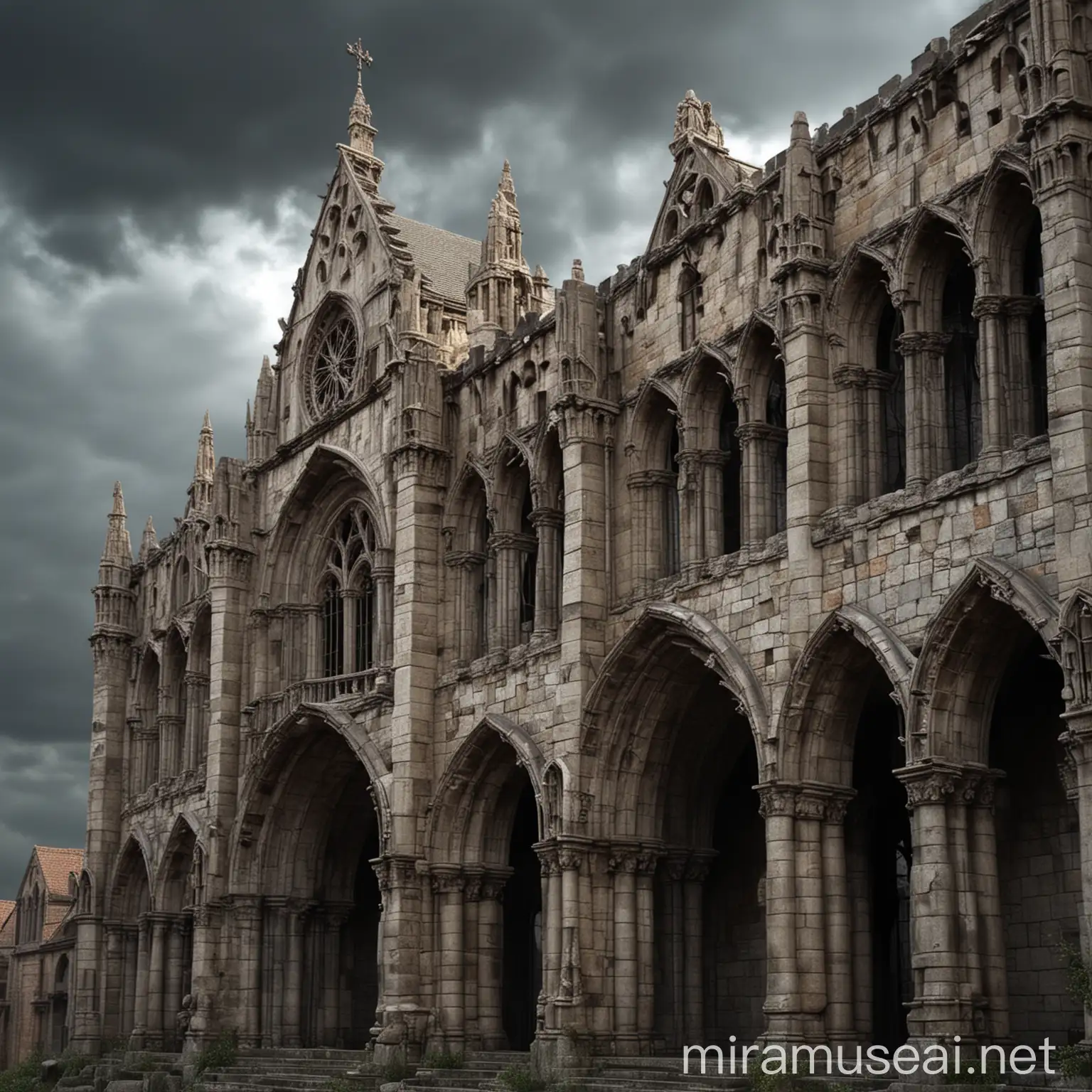 Temple of Minerva Medica in Gothic Style, Dark Ages, Gothic architecture, the gargoyles, Flying Buttresses, Exterior shot, Realistic