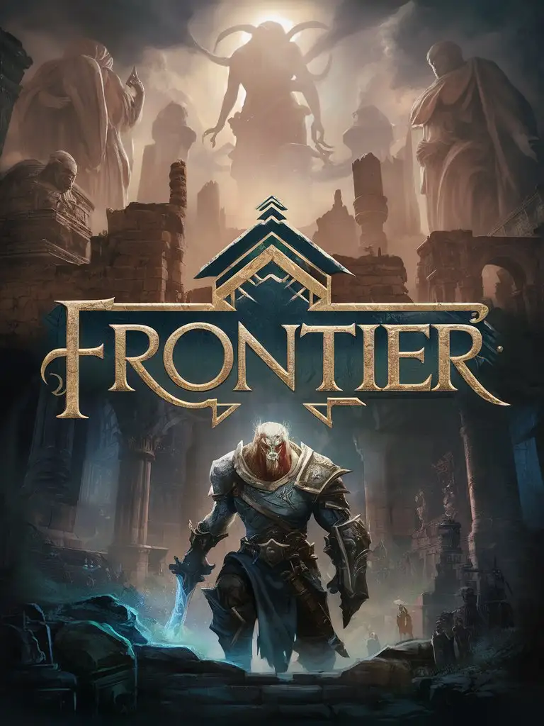 STYLIZED GAME ART WITH LOGO ONLY "FRONTIER" LOOMING STATUES ANCIENT ELVEN RUINS, DWARVEN RELICS, SENTINEL WARDEN