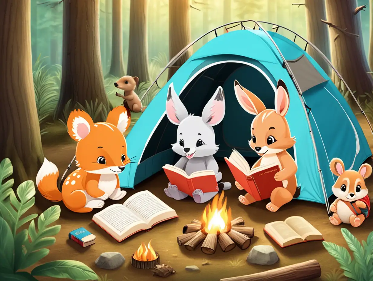 Adorable Baby Animals Enjoying a Literary Camping Trip in the Forest