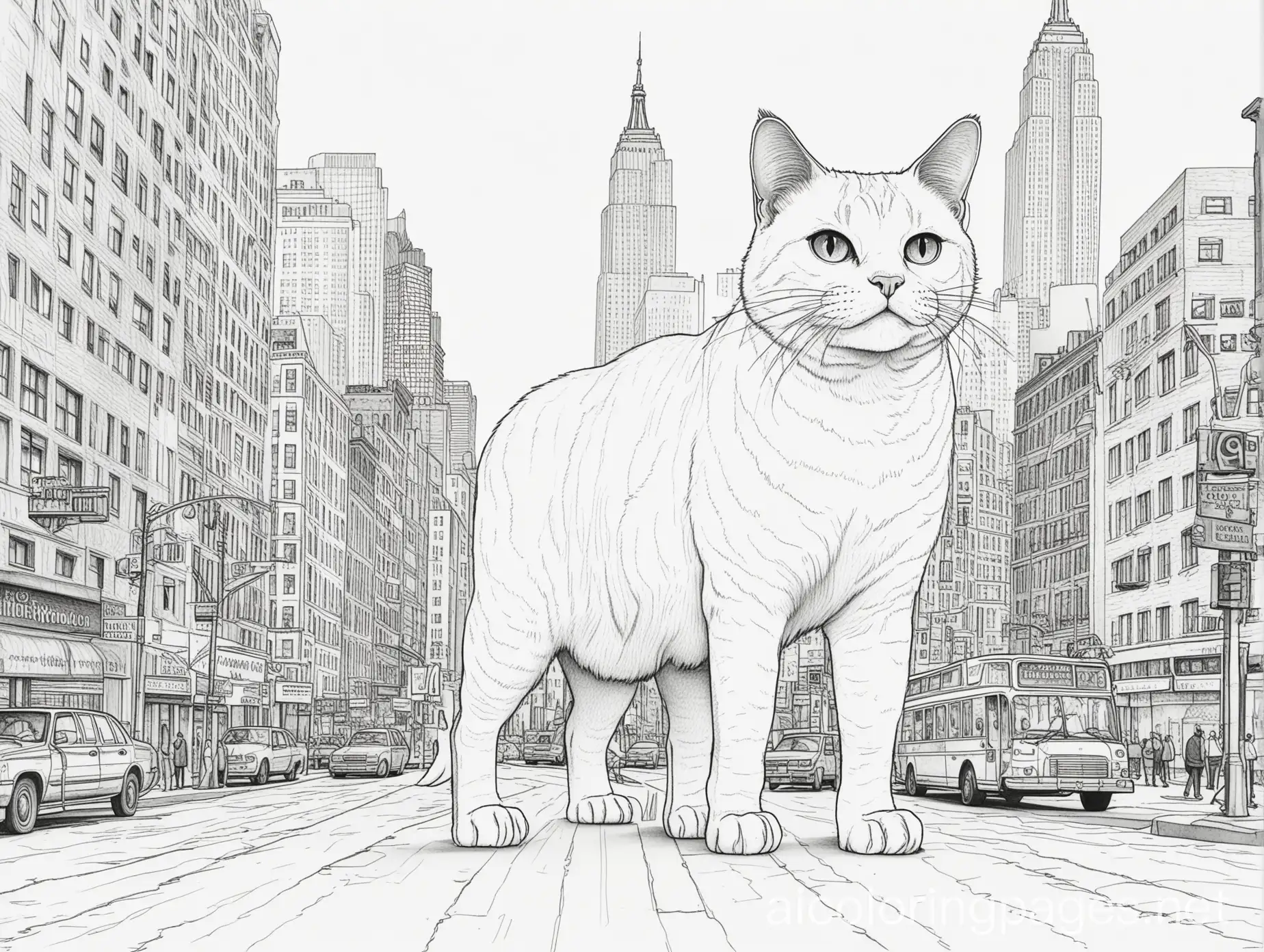 Hola, ¿me puedes generar una imagen de un gato gigante paseando en la ciudad de new york?, Coloring Page, black and white, line art, white background, Simplicity, Ample White Space