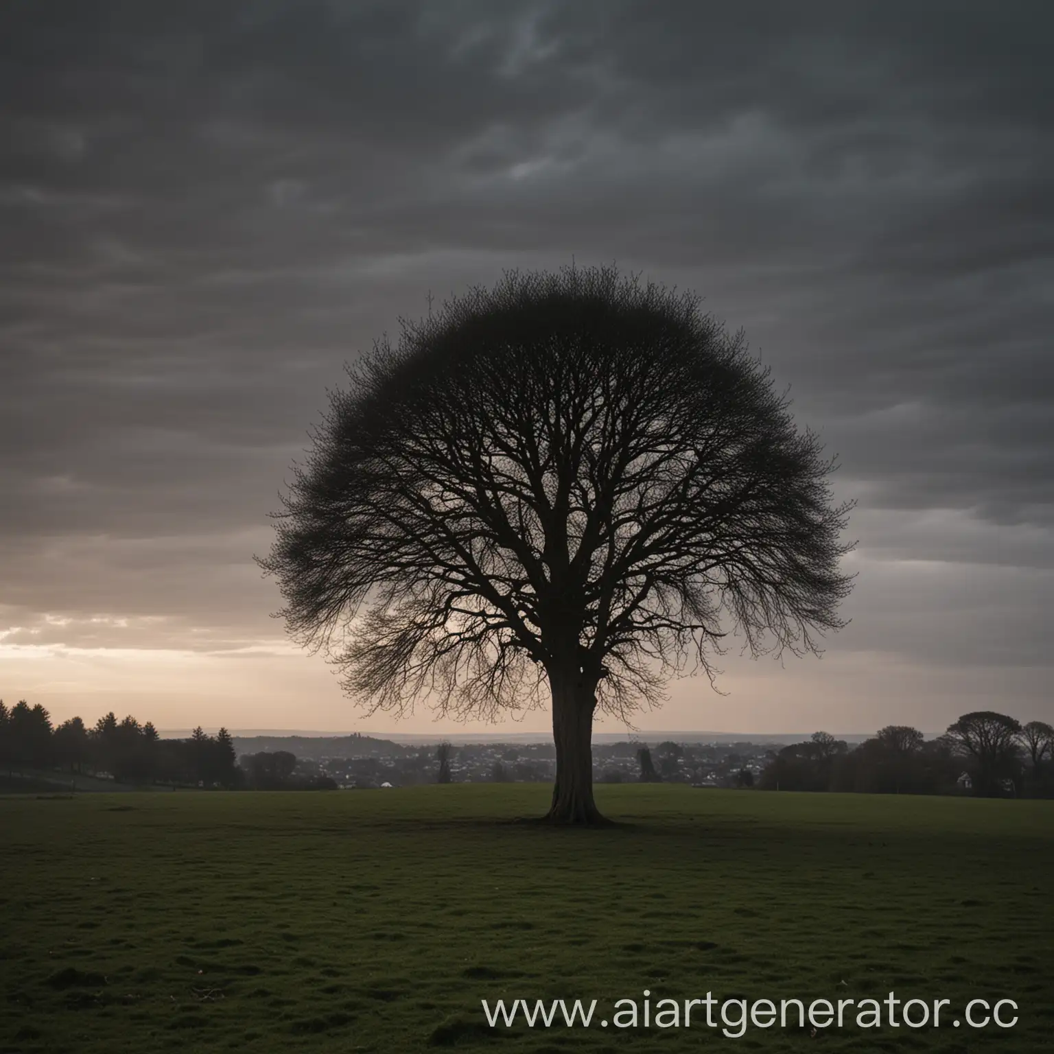 Solitary-Tree-in-Twilight-with-Distant-House-Lights