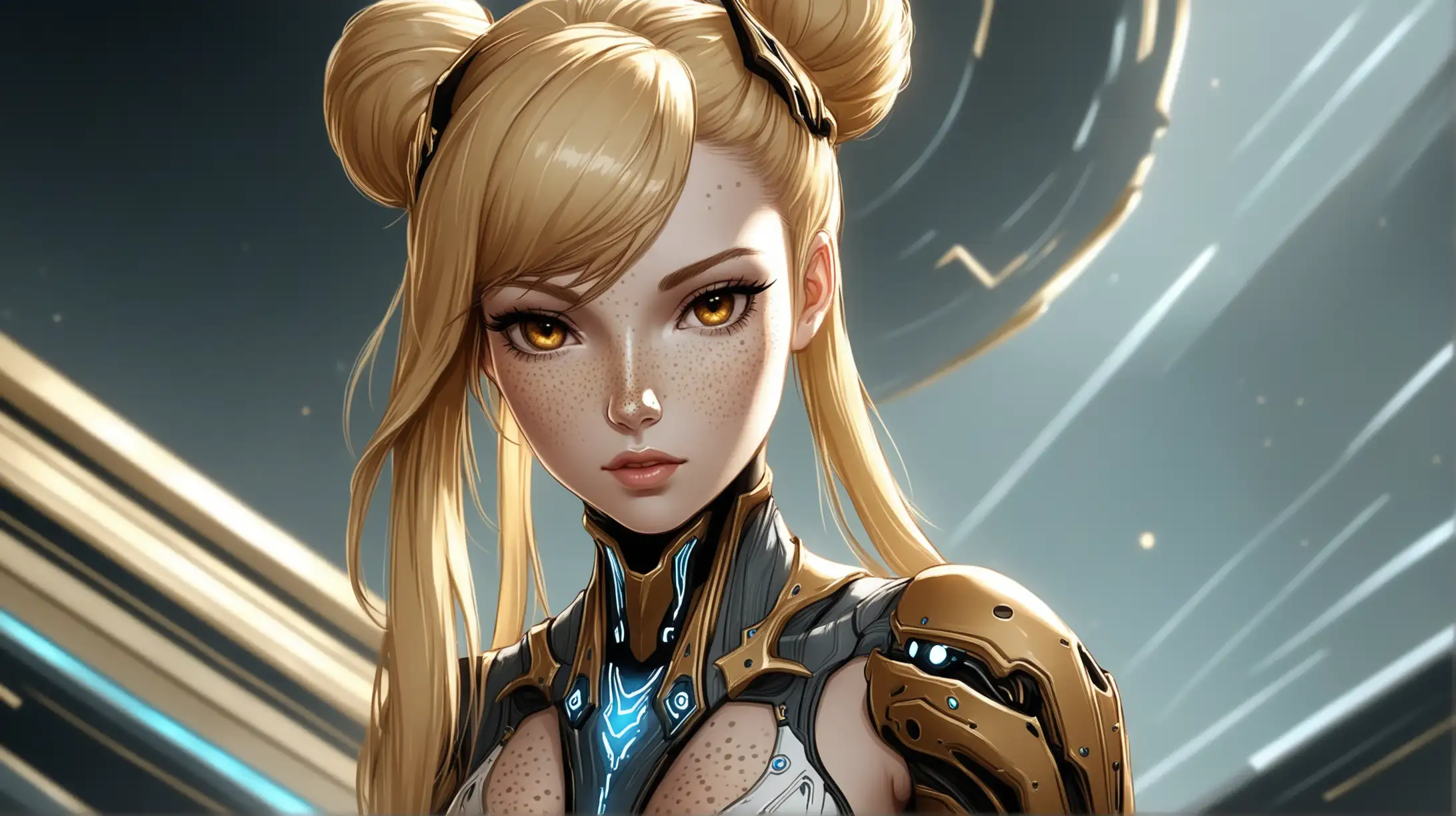 Draw a woman, long blonde hair in a bun, gold eyes, freckles, perky figure, outfit inspired from the game Warframe, high quality, leaning in, close up, outdoors, seductive, cleavage, natural lighting, adoring gaze toward the viewer