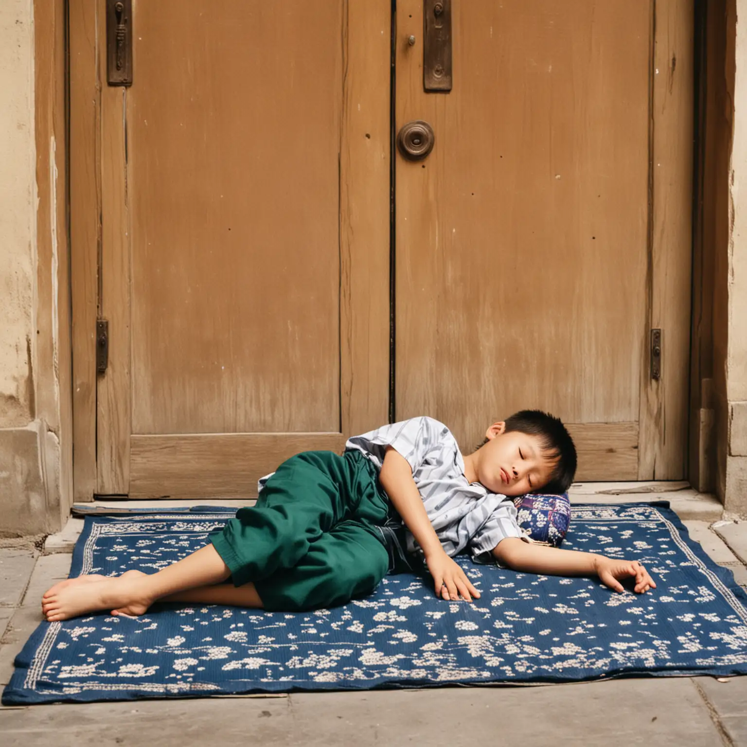 90年代，一个十岁中国男孩，睡在在大门口里面的凉席上。