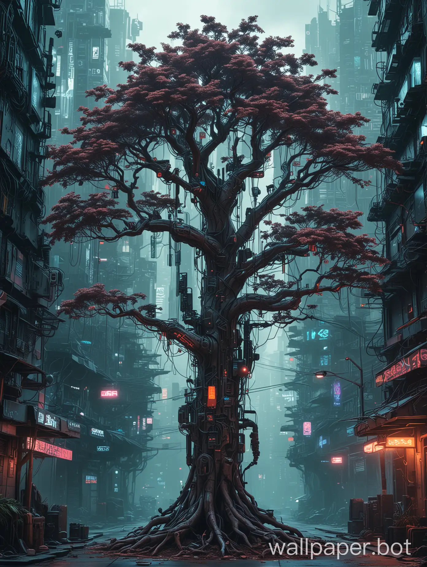 Futuristic-Cyberpunk-Tree-Illuminated-Against-Cityscape