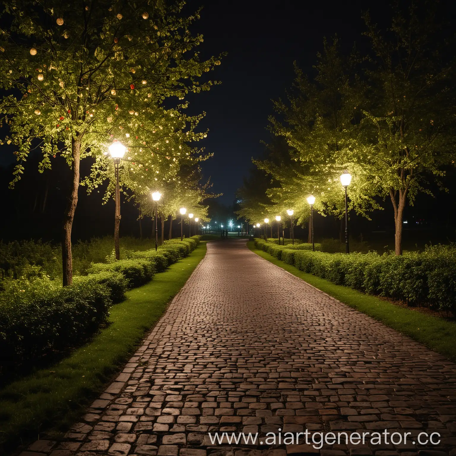Night-Stroll-in-Illuminated-VDNH-Park-with-Cherry-Bushes-and-Linden-Backdrop