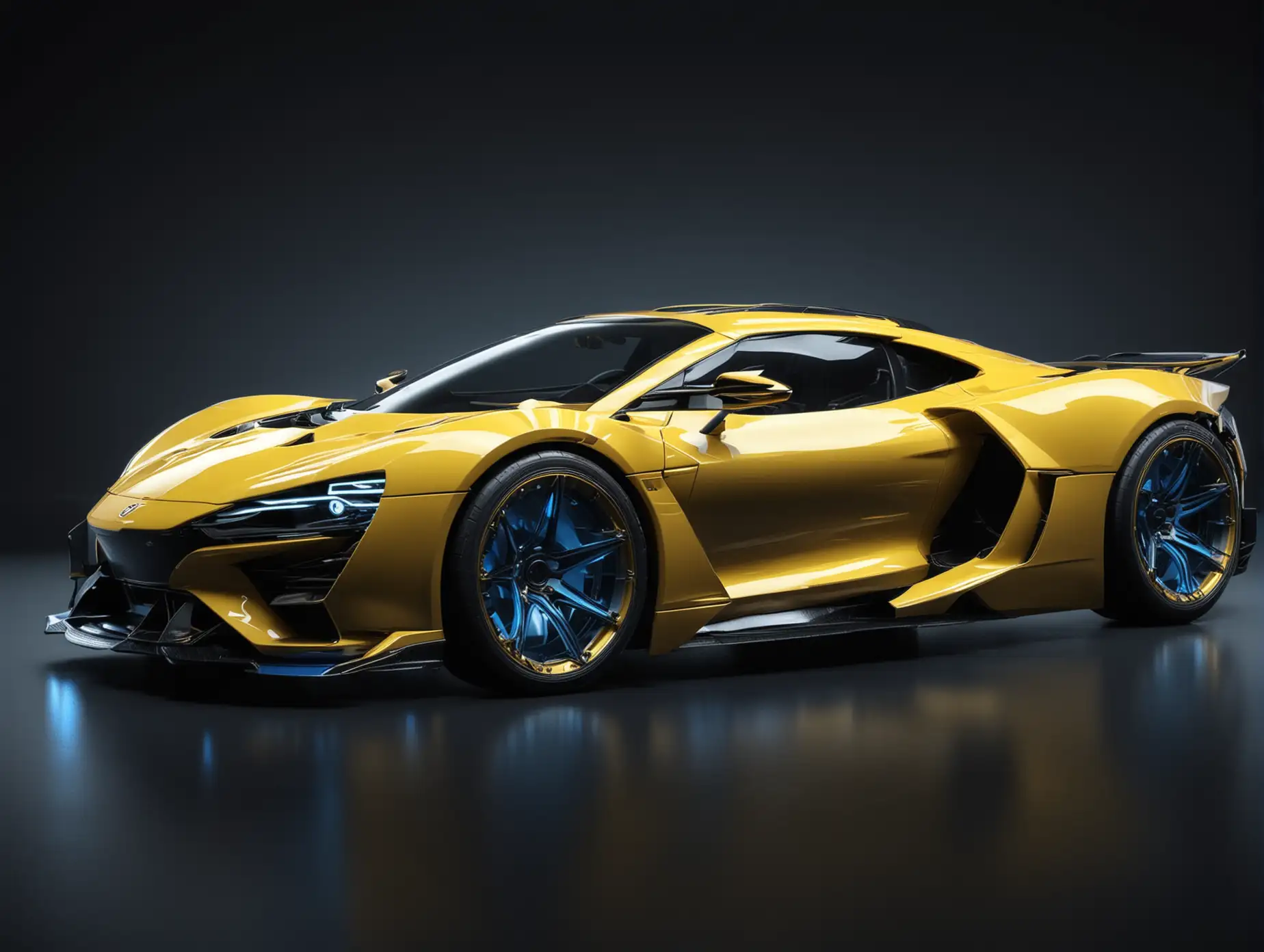 futuristic beautiful sports car in yellow color on a black background seen only from the side and the chassis lit from below with blue lights