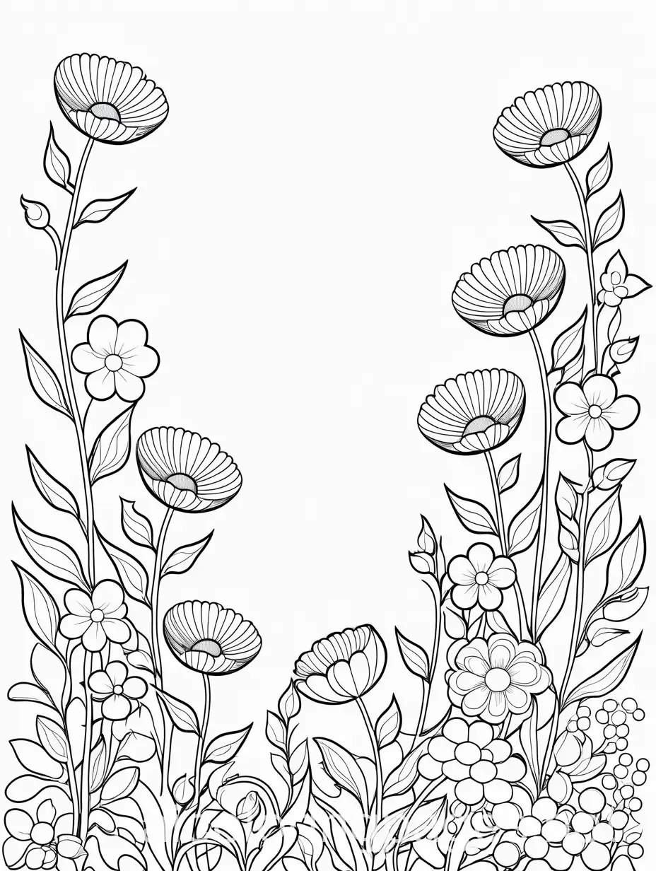 flowers, Coloring Page, black and white, line art, white background, Simplicity, Ample White Space. The background of the coloring page is plain white to make it easy for young children to color within the lines. The outlines of all the subjects are easy to distinguish, making it simple for kids to color without too much difficulty