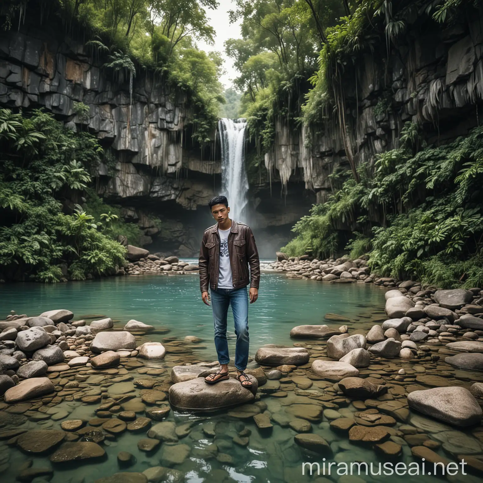 a man from Indonesia, of rather thin build, wearing a leather jacket, blue jeans, and leather sandals, is standing on rocks by a shallow river with very clear water. The background of the river is also very clear. There is a beautiful waterfall amidst the lush greenery.
