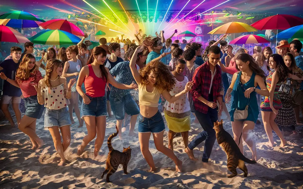 Vibrant-Beach-Disco-Party-with-Dancing-People-and-Young-Cats