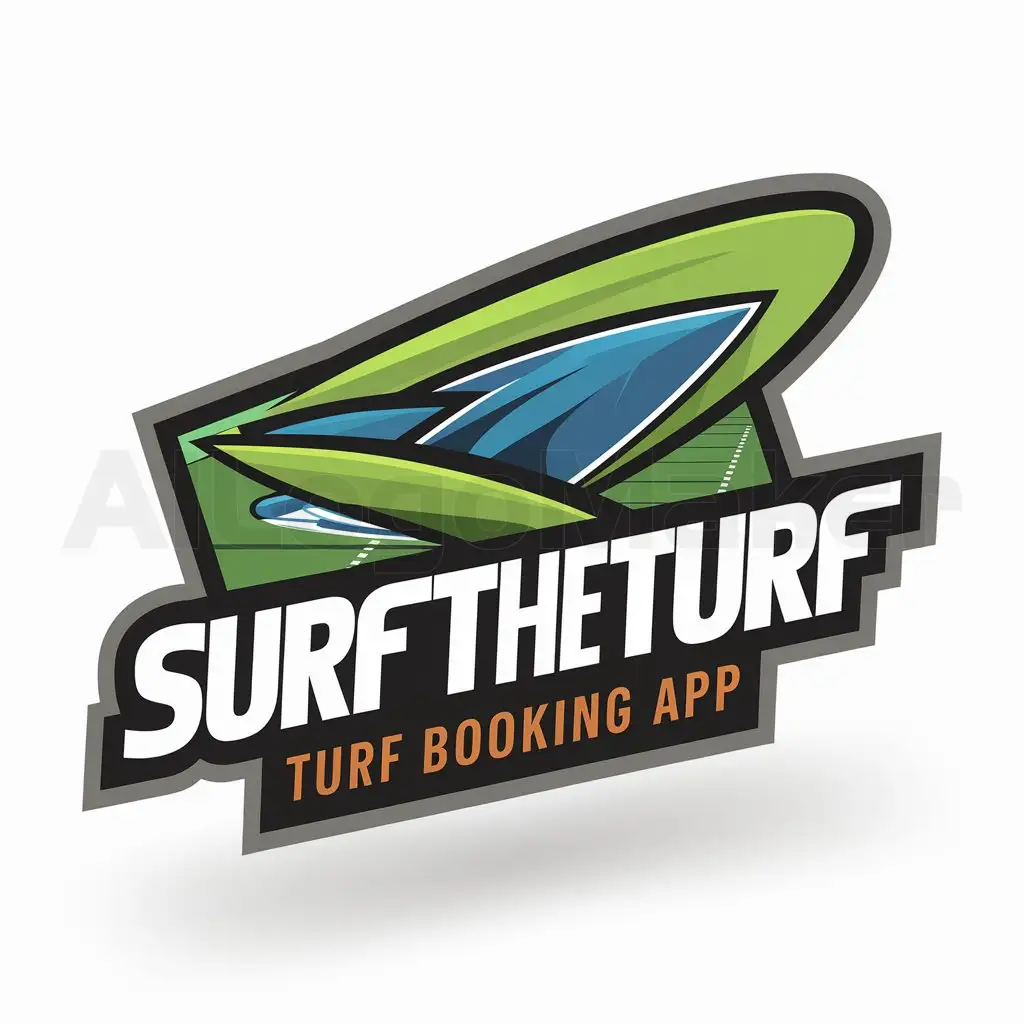 a logo design, with the text SurfTheTurf, as the main symbol: Design a modern, energetic, and playful logo for SurfTheTurf, a turf booking app. The logo should incorporate elements of both surf and turf, using vibrant colors like green, blue, and an accent color. Include bold, readable text with the app name and ensure it’s scalable for use in mobile apps, websites, and marketing materials. The logo should convey convenience and excitement for sports enthusiasts and athletes.