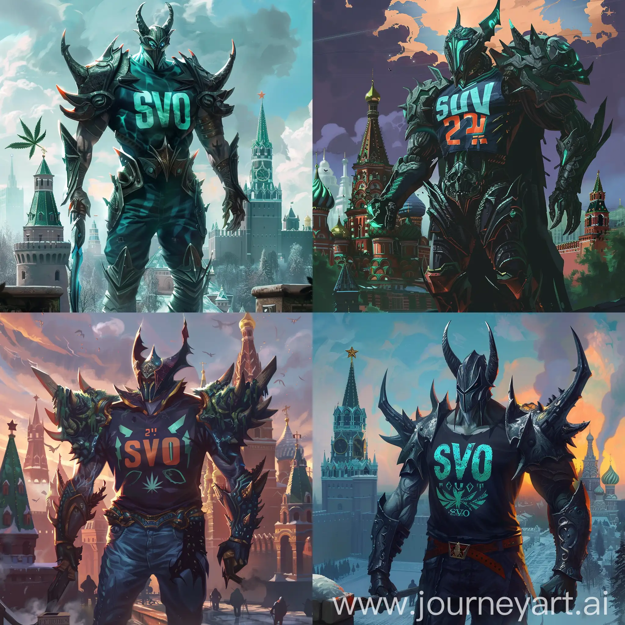 wraith king from dota  stands against the background of the Kremlin with a T-shirt that says 2/20 and SVO