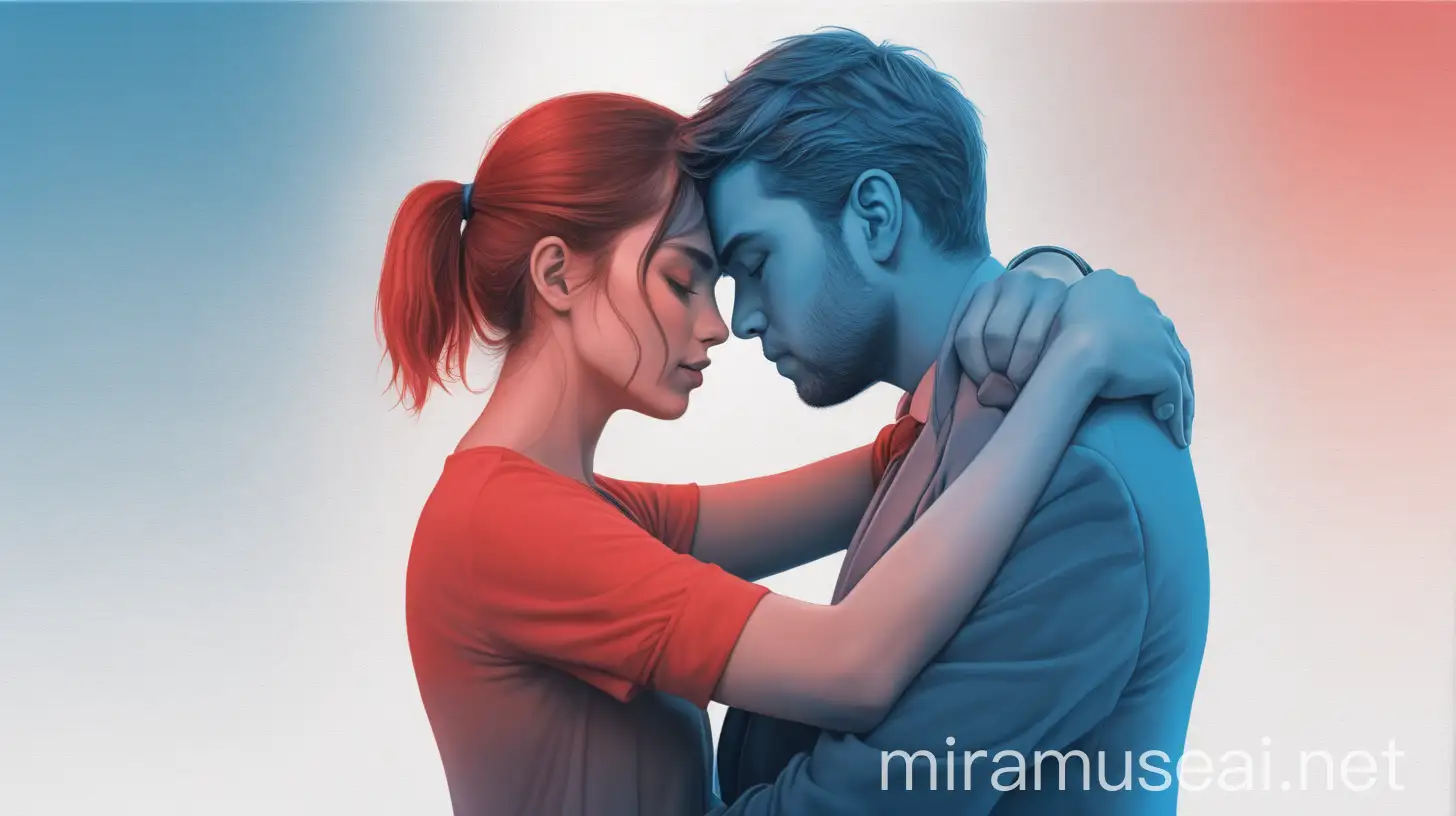 A woman and man hugging the only colours in the image are a calm blue and soft red the two people are greyed out