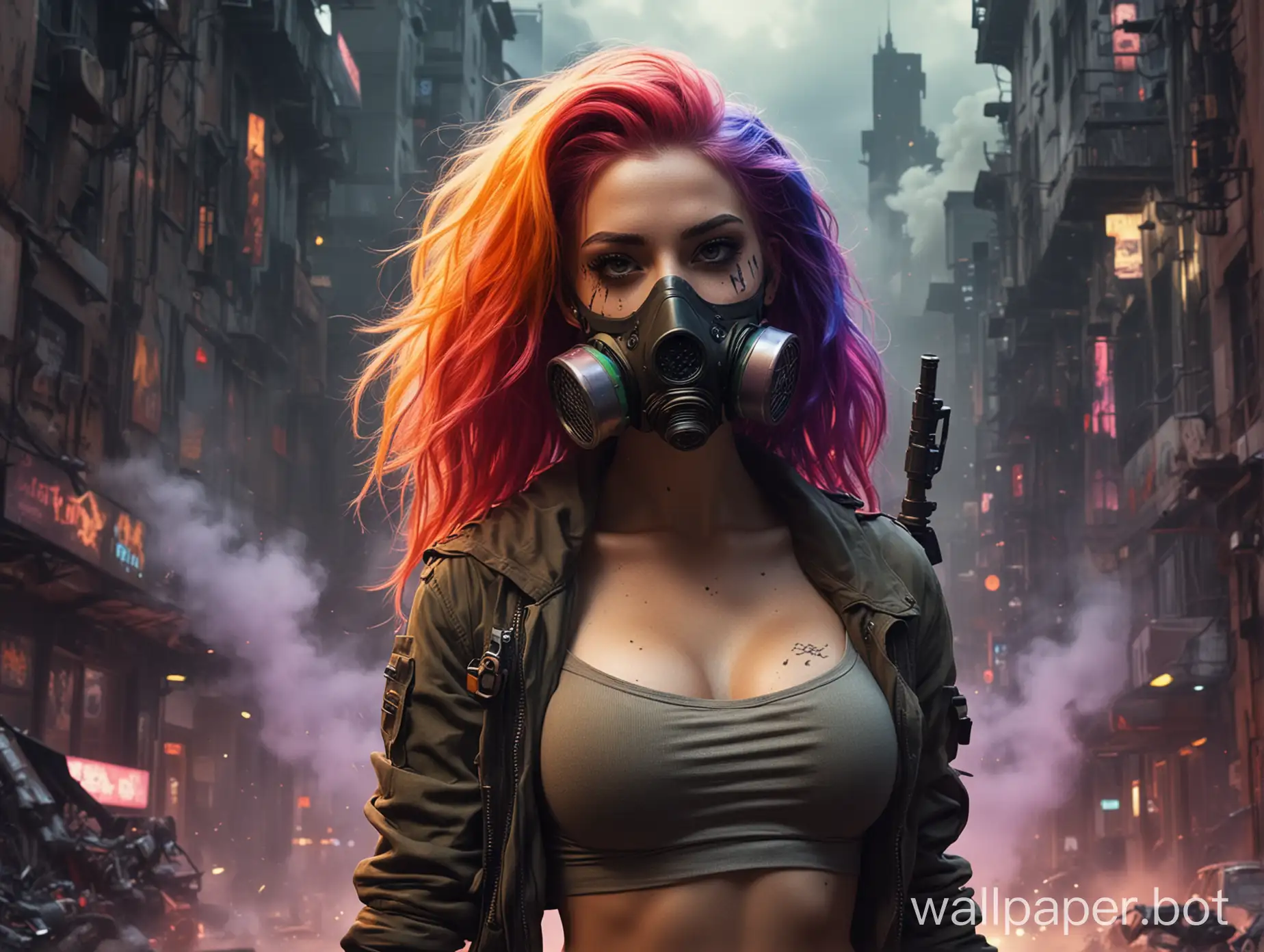 voluptuous, curvy young woman, bodacious, striking pose, long, vibrant, wavy, rainbow hair, fantastical, glowing gas mask, AK-47, dramatic smoke cloud, dark, gritty, post-apocalyptic background, Ash Thorp, Syd Mead inspired, bold, neon lights, ripped, torn camouflage clothing, sensual, sultry expression, intense gaze, cyberpunk, dystopian atmosphere