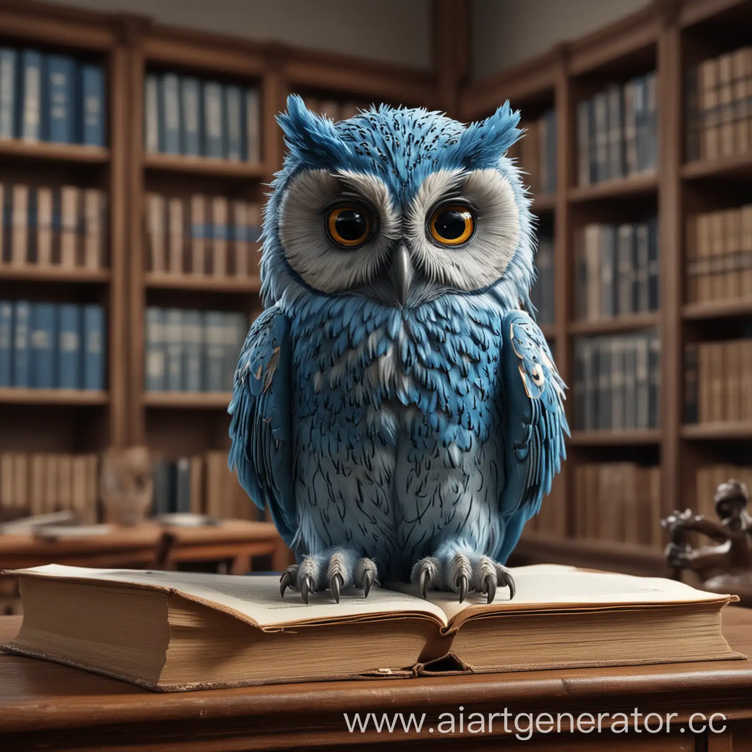 realistic owl, logo universität des Saarlandes, sweet owl, blue, owl sitting in the library