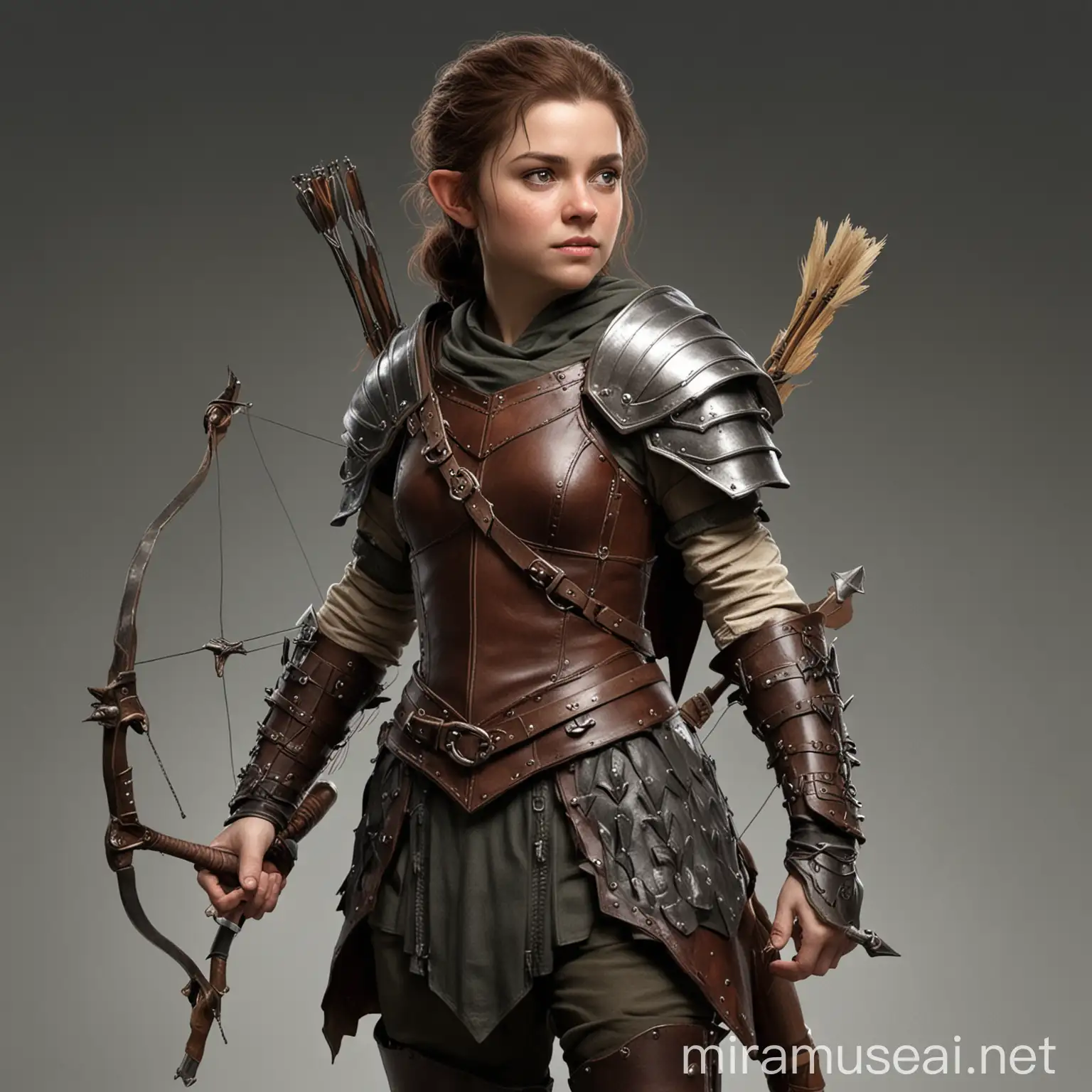Female Halfling she should be wearing siple leather armour with a quiver of arrows on her back and a bow. She should also have a prosthetic arm 