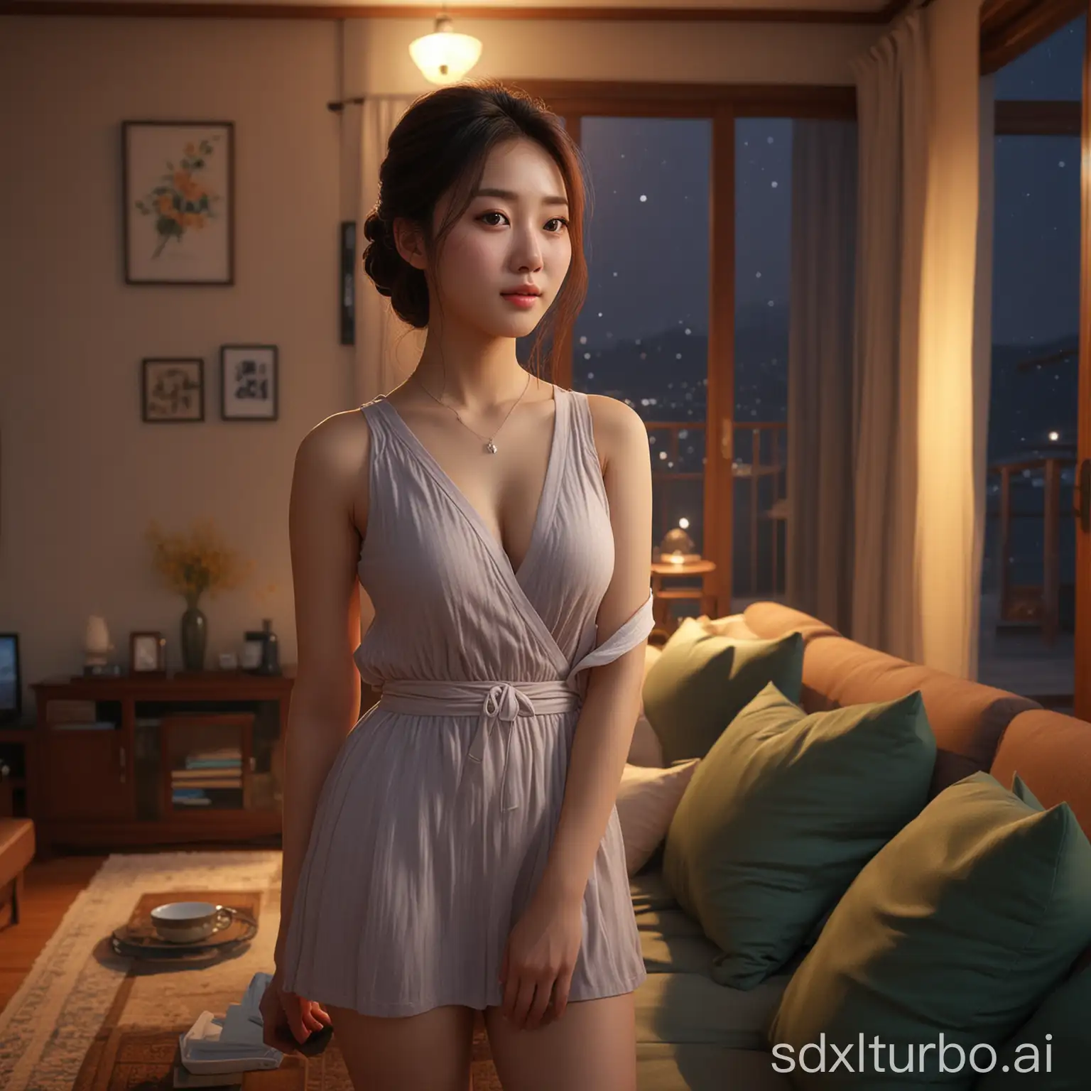 Young-Korean-Woman-in-Realistic-Nighttime-Living-Room-Scene