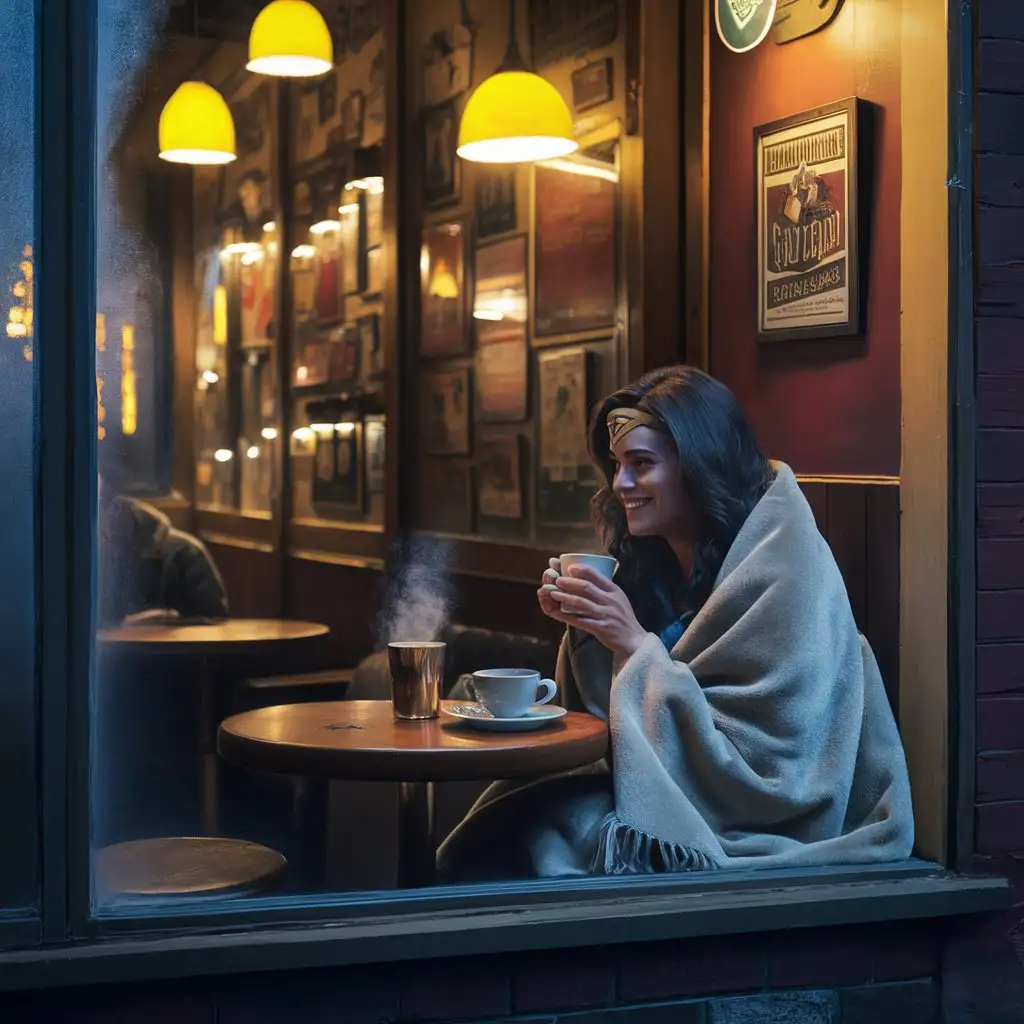 A new york coffee shop at night, Lynda Carter is seen having a warm cup of coffee through the ambient window