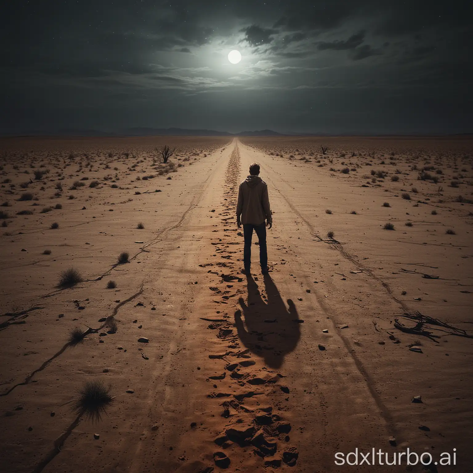 Create a high resolution, scary image about 'true middle of nowhere horror stories'? The image must be photorealistic, show a man alone in the middle of a dry desert shot from far away, man in the middle of nowhere shot from far away, picture taken from far away, alone, in the middle of nowhere, dry desert, sketchy, atmospheric, catchy, night time, night lights, vibrant colors, must pop and catch attention. No horror, no gore, no monsters, the image must be photorealistic.