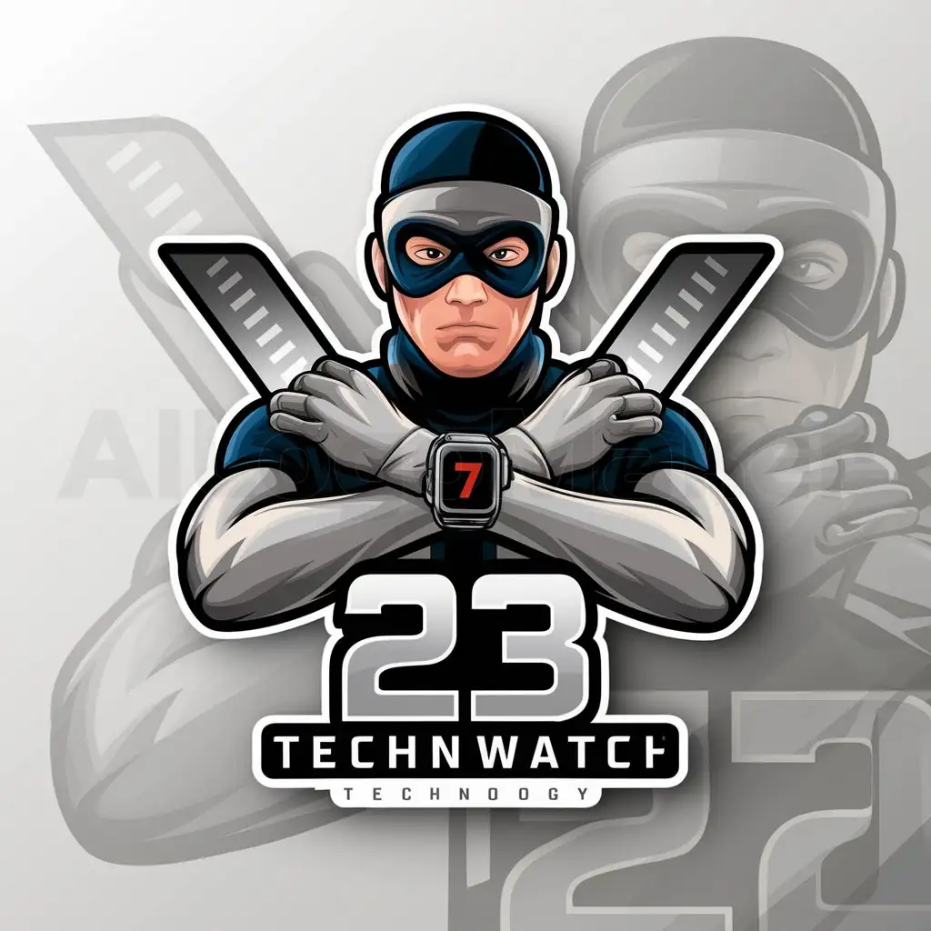 a logo design,with the text "23", main symbol:masked face man with his arms in an x shape and a smart watch in 1 hand and have number 7,Moderate,be used in Technology industry,clear background