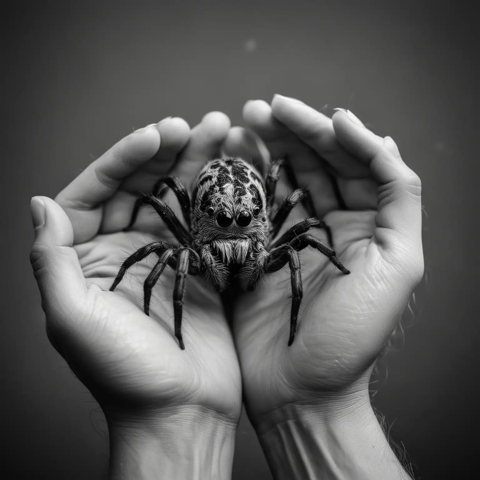 facing your fear and, holding a spider, close up on hands, black and white