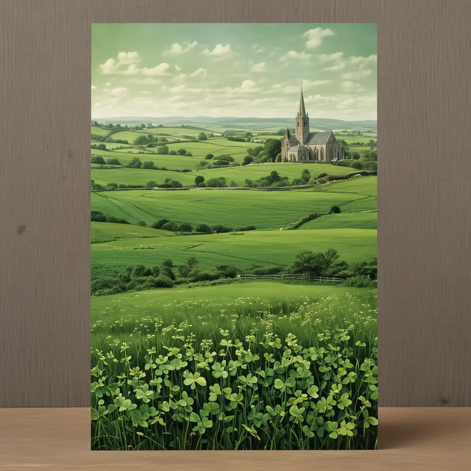 Card 11.5 x 17.5 cm with image of St. Patrick - green fields - shamrocks