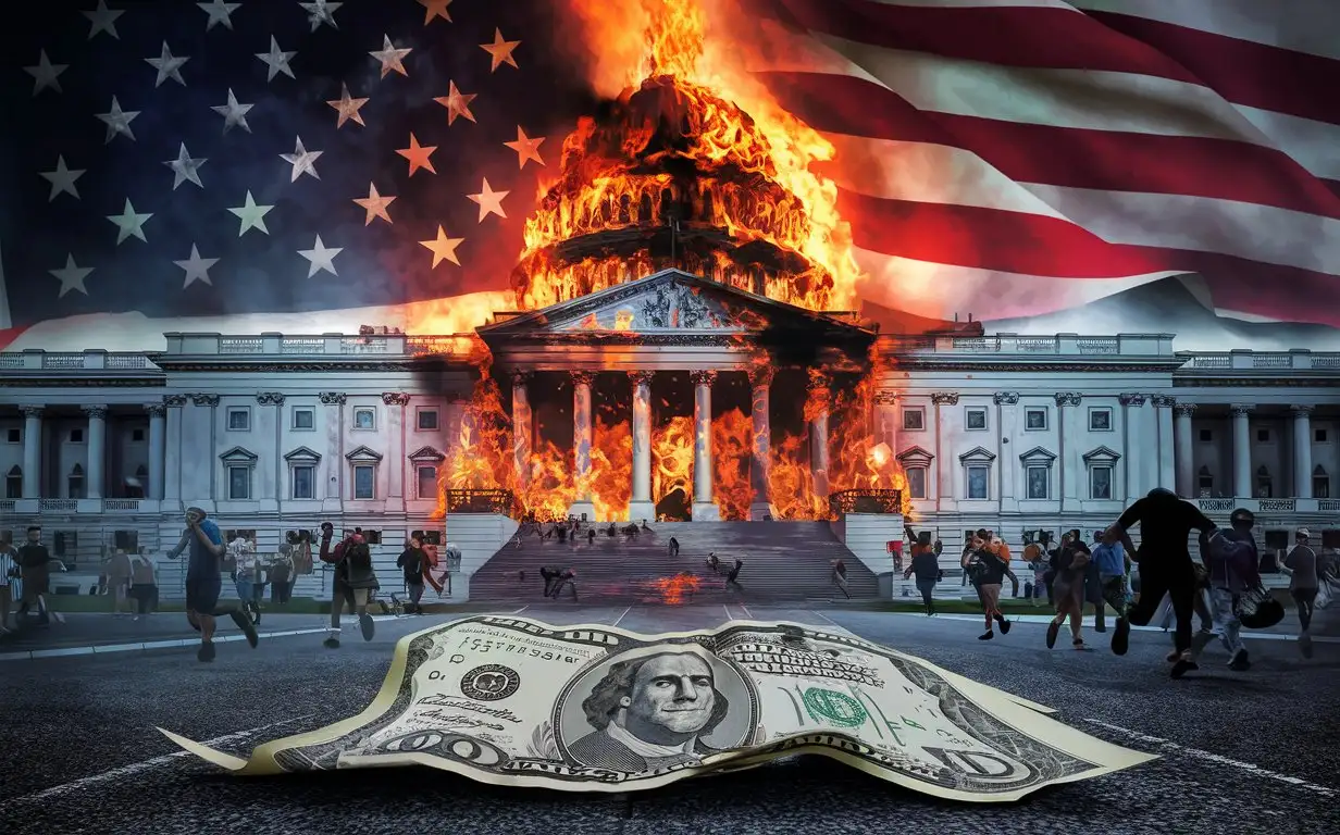 REALISTIC REAL Image of US Government collapse in flames and dollar