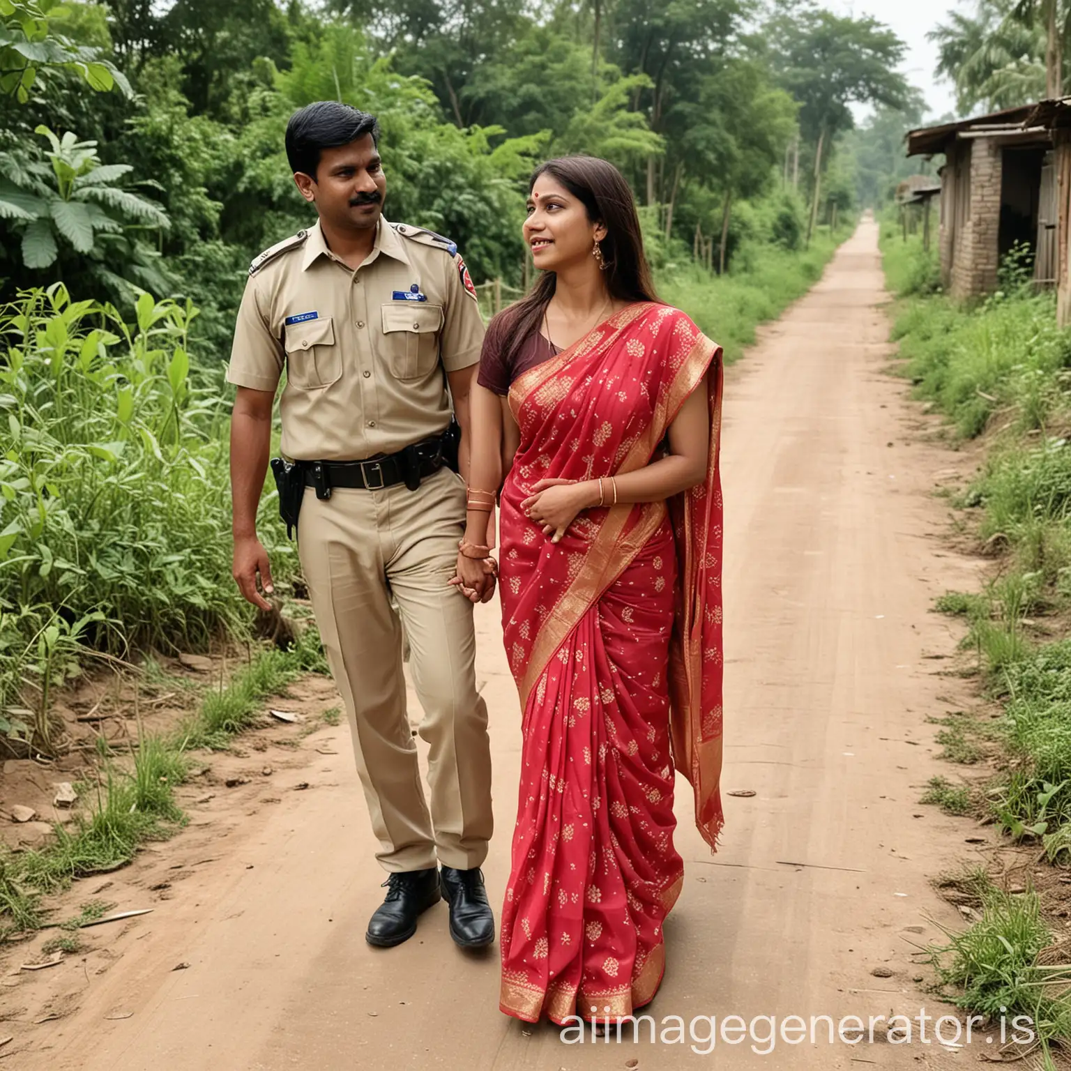 Indian-Husband-Wearing-Saree-Walking-in-Village-with-Wife-in-Police-Uniform