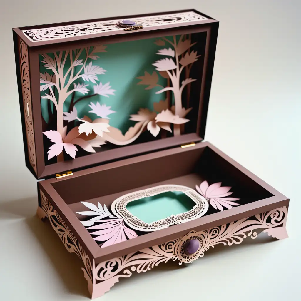 Layered Paper Illustration of a 19th Century Jewelry Box with Pastel Colors