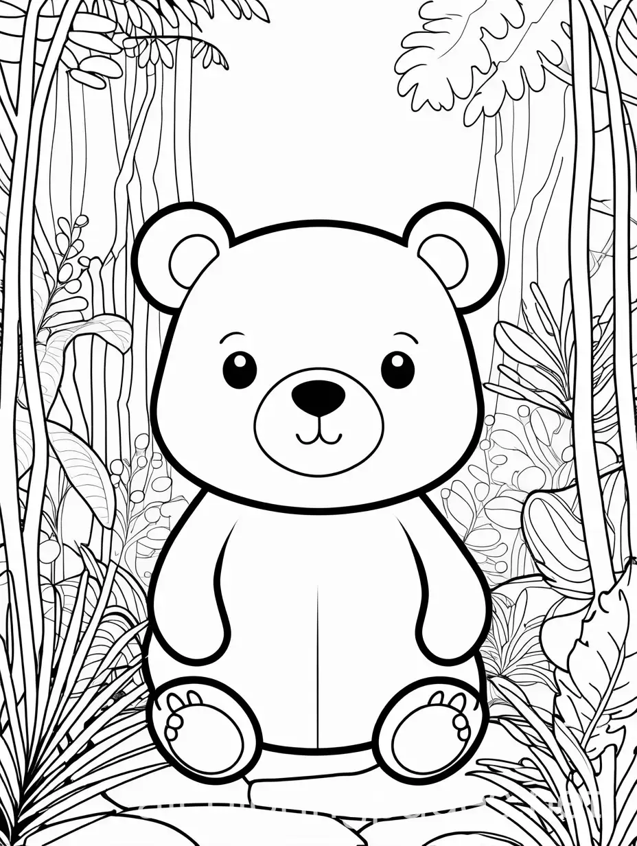  cute bear in a jungle
, Coloring Page, black and white, line art, white background, Simplicity, Ample White Space. The background of the coloring page is plain white to make it easy for young children to color within the lines. The outlines of all the subjects are easy to distinguish, making it simple for kids to color without too much difficulty