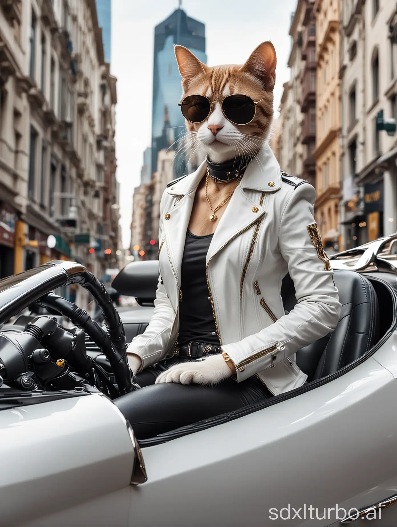 an (((anthropomorphic female cat))) wearing leather pants, a white tshirt, a golden necklace , black leather jacket, black boots and sunglasses sitting in the driver's seat, driving a ((((silver Pagani Huayra Roadste))) in a futuristic city background