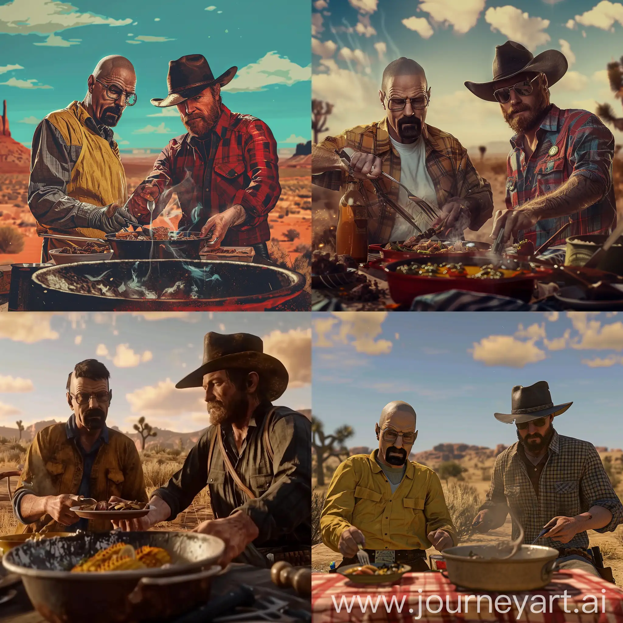 Walter White from Breaking Bad and Arthur Morgan from Red dead Redemption 2 cook dinner together in the desert