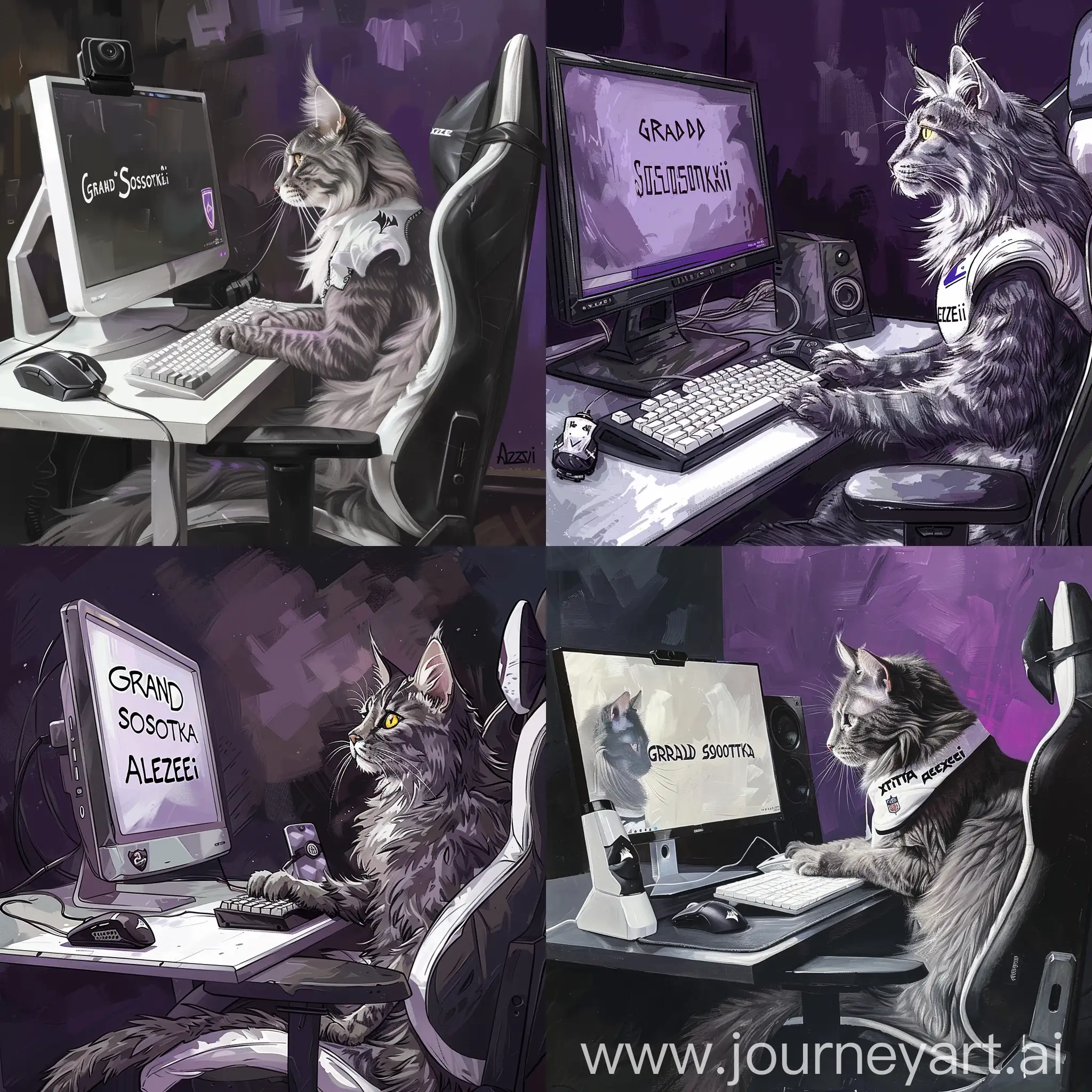 серый кот породы мейн-кун сидит на компьютерном стуле и смотрит в монитор, на котором написана надпись"GRAND SOSOTKA" , на столе стоит белая клавиатура и черная игровая мышь. Черно-фиолетовая комната изображена на фоне кошки. Кота зовут АЛЕКСЕЙ, на его стуле написана надпись"ExtaZoV", а сам кот одет в белую футболку trasher с надписью"АЛЕКСЕЙ". 