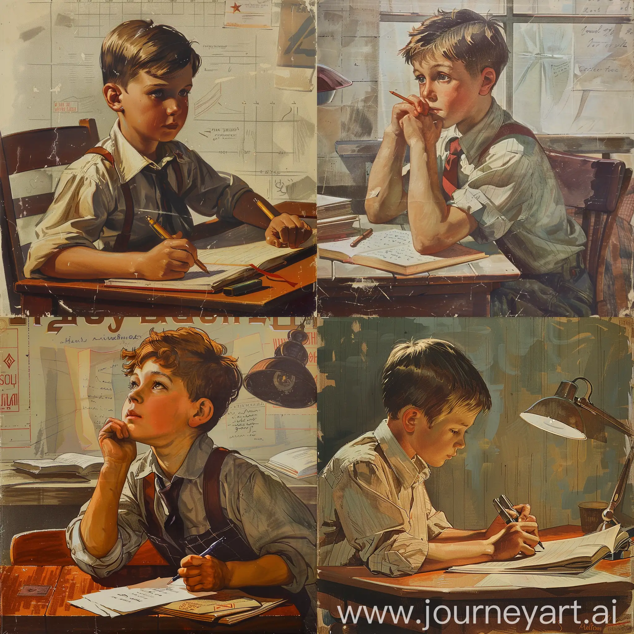 Молодой парень, который сидит за партой и учится, в стиле советского плаката